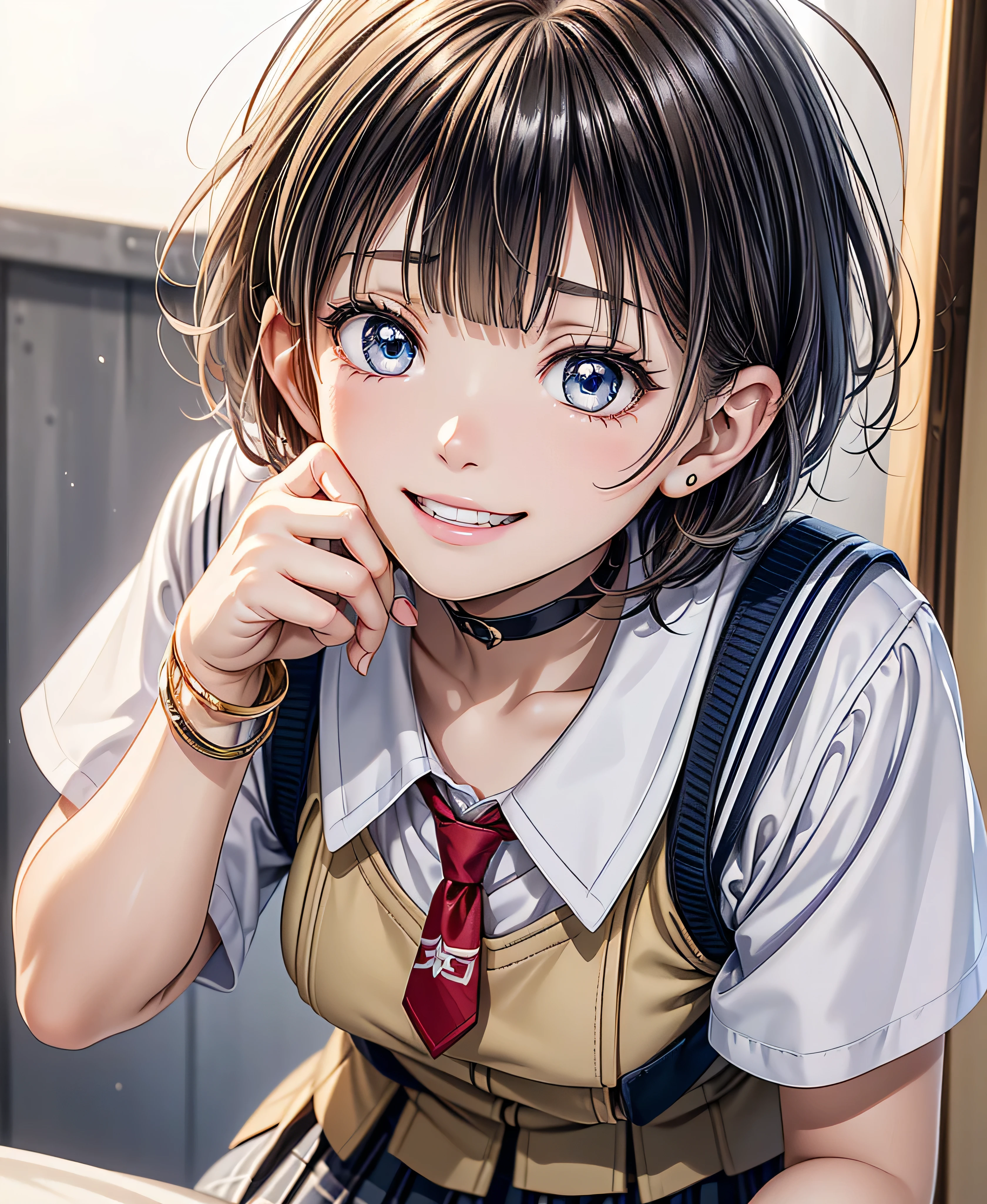 photo shoot in the morning sun, is cute girl, (( one girl doing naughty)), ((baby face:1.4)), (( is cute :1.4)),
break
(( Black Student Blazer with White Lines :1.2) + ( with white lines )), ( dark white dress shirt), (( Red Necktie )), (( Red and White Gingham Plaid Pleated Skirt:1.2)), ( black high socks ), ( brown loafers ),
(( black choker)), (( flashy gold bracelet )),
break
(( blondes:1.2)), (( Very short bangs:1.4)), (( Pixie Cut Hair ) : ( very short hair ) + ( outbound ) + (Bedhead:1.4)),
(Droopy eyes:1.4), ( big eyes), ( blue eyes),
(( small breasts)),
break
((:1.2)、( wicked smile :1.4)、( make a stunned expression :1.4)、 Letter with open mouth ),
((noon:1.4, school rooftop during lunch break, blue sky)),
(( squat with raised knees ))、((Put your elbow on your knee 、Place your hand on your chin ))、(( looks up at the )),
(( angle)), (( character focus )), (( cowboy shooting)),
break
( slender body ), ( symmetrical facial features ),
( detail hair on the front of the wall ), ( beautiful hair), ( shiny hair),
(double eyelids), ( long lashes ), ( thin eyebrows on boots),
( Sparkling Eyes), ( detailed eyes on board), ( beautiful eyes), ( perfect eyes), ( eyeliner ),
((Human Ear)),
(Beautiful Nose), (Thin Nose),
( glossy lips ), ( beautiful lips), ( Thick lips),
#( detailed skin), ( fine skin), ( Beautiful skin), ( Oily skin ),
break
((( best quality )), ((Masterpiece:1.3)), (( tall Highly detailed ))), (( Ultra Fine )), ((16k)), ((1080P)), ((Full HD)),
( 解剖学的に正しい ), (( realistic )), (3DCG), ((Oil)),
((anime)), (( Photo realistic )), (CG illustration), ( RAW photo),