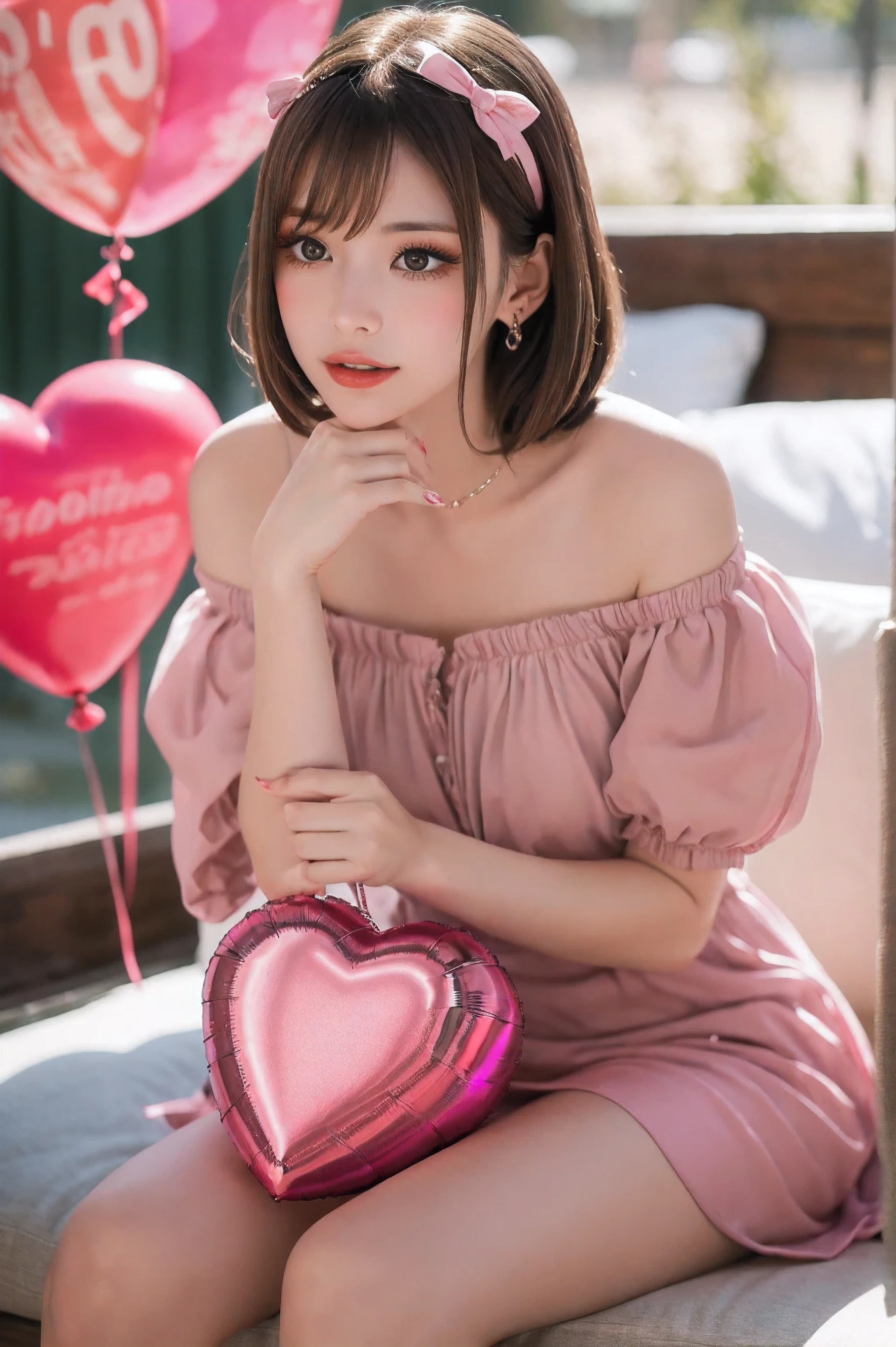 A hyper-realistic 8k masterpiece capturing a young woman in a frontal shot, visible from her head to her knees, dressed in a flowing pink off-shoulder dress that exudes elegance and playfulness. She gazes tenderly, her expression radiating warmth and affection. She stands gracefully against a soft pink background that is subtly illuminated with glowing lights, creating a dreamy and romantic atmosphere. In her arms, she holds vibrant metallic heart-shaped balloons in shades of pink and red, their reflective surfaces gleaming softly in the warm light. In her other hand, she carries a beautifully wrapped red gift box adorned with a large, elegant bow, adding a sense of celebration and charm. The delicate details of the scene evoke sweetness and love, forming an enchanting visual narrative.