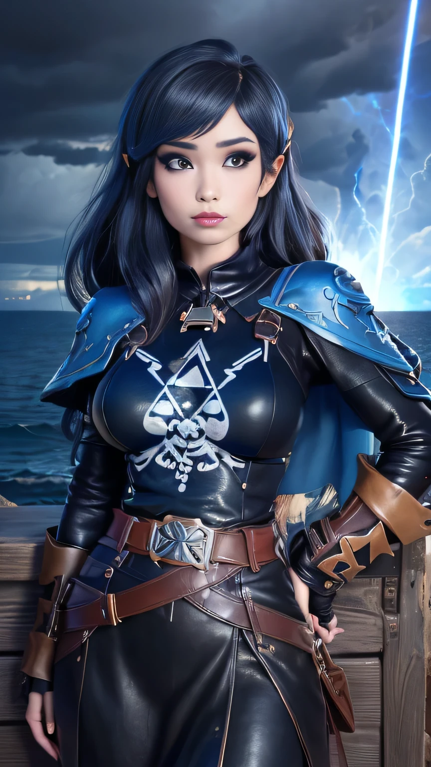 1girl in, photo of Emiru, RAW, beautiful woman, ((portrait)), ((detailed face:1.2)), ((detailed facial feature, detailed skin, clear skin), (perfect proportioned body, perky, runners body, thin hips, thin waist, skinny, petite, detailed skin texture), (ocean background, background an old pirate ship desk, giant black storm clouds approaching, (wearing an blue tunic, leather belt, Triforce symbol, princess Zelda, Zelda breath of the wild cosplay), (sensuous pose), (realistic photo, best quality, detailed), (8k wallpaper), (cinematic lighting, dramatic lighting), (sharp focus, intricate) high quality, film grain, Fujifilm XT3 sharp focus, f 5.6, 50mm, High Detail, Sharp focus,(natural light), crazy details, complex details, hyper detailed. (cowboy photo:1.2), light particles, sfw