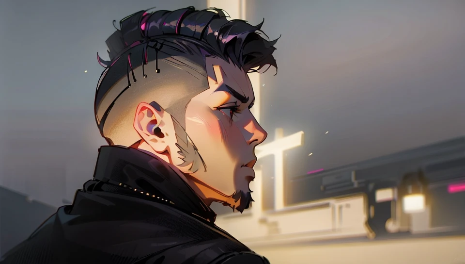young man with a beard and black mohawk with white highlights with two stripes on the side of his hair with a perfect gradient, looking up with your eyes closed feeling the rain hitting your face
