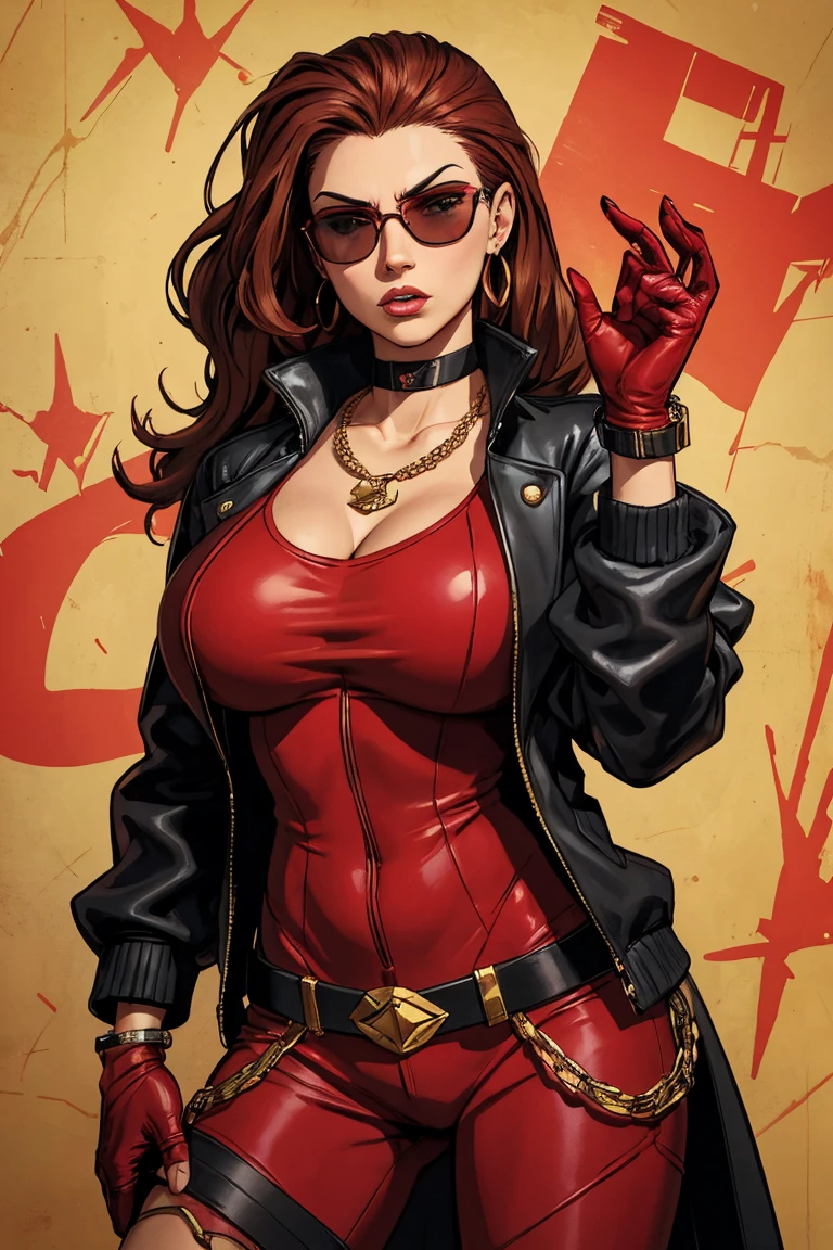 masterpiece,best quality, extremely detailed,8k. Blaze Fielding, solo, looking serious, big breasts, strong, hoops earrings, looking at viewer, smile, long lustrous hair, brown hair, light make up, gloves, navel, cleavage, brown eyes, large breasts, wearing tight red top, underboob, broken jacket armor, tight short red skirt black fingerless gloves,holding short knife, at a fantasy dungeon alone.