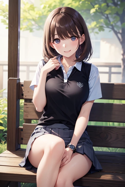 absurdres, RAW photo, extremely delicate and beautiful, masterpiece, Best Quality, ultra high resolution, 32k, hyperrealistic, ultra-detailed, in her 20s, delicate facial features, tearful mole, earring, medium breasts, full body shot, shorter middle hair, black hair, golf uniform, shirt, shorts,