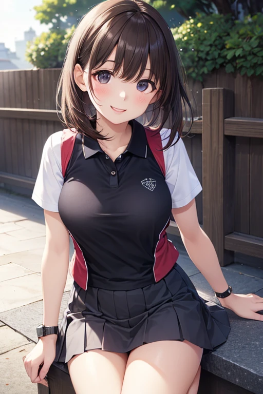 anegasaki nene、 Shiny Maroon Hair , ( brown pretty eyes 、 sparkling eyes , Fine grain)、smile、超 Detailsな目、非常に Detailsな顔, 非常に Detailsな目,In 8K, best quality , Details,(( one girl)),
best quality , Detailsな顔, 1 girl, Center of , smile, black polo shirt, grey miniskirt, excellent , Watch Your Audience, soft focus, cinematic lighting , red vest with decorations , (( happy expression )), Making middle hair , Bare legs, Outdoors