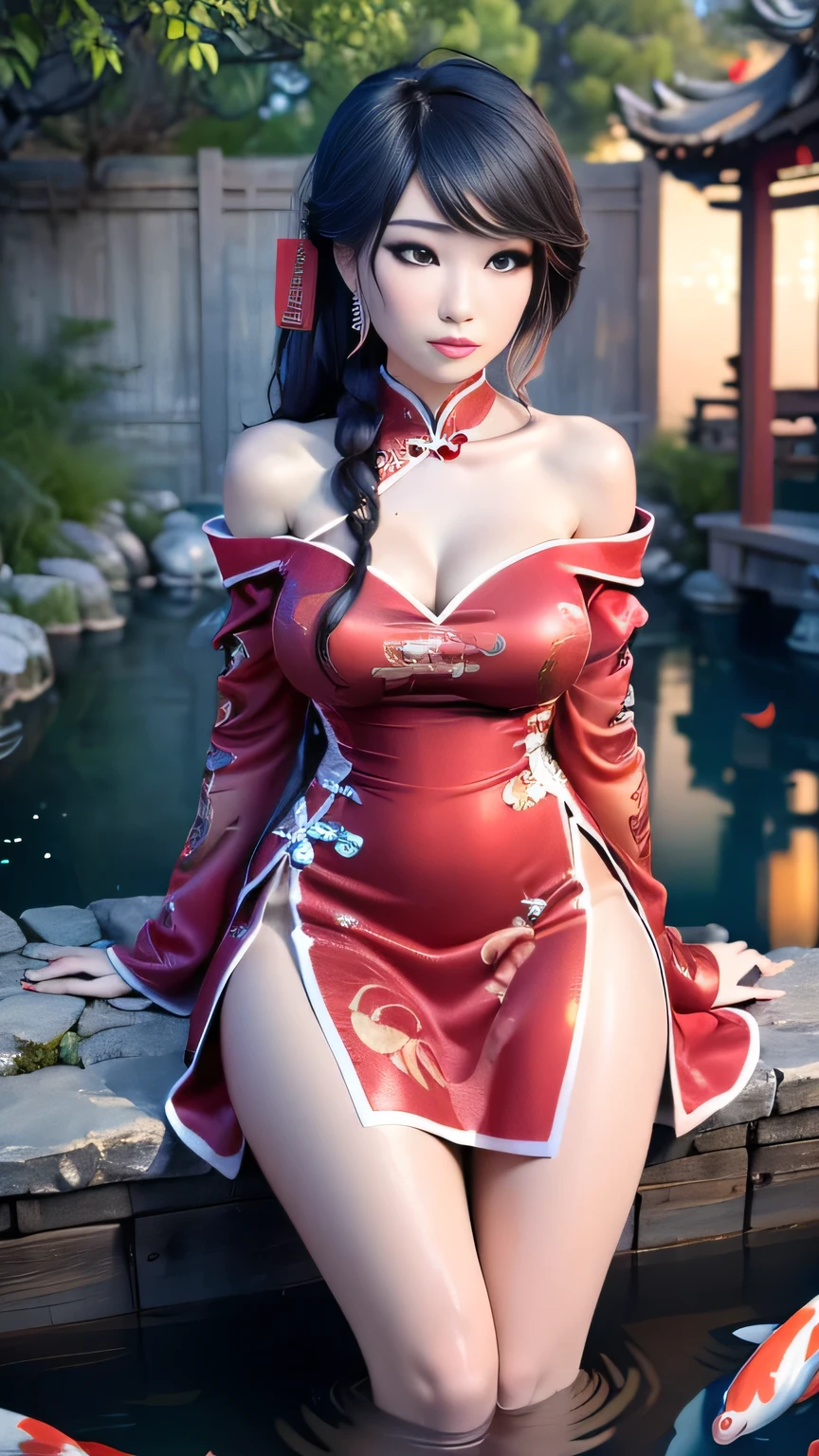 1girl in, photo of Emiru, RAW, beautiful woman, ((portrait)), ((detailed face:1.2)), ((detailed facial feature, detailed skin, clear skin), (perfect proportioned body, perky, runners body, thin hips, thin waist, skinny, petite, detailed skin texture), ((sitting in a chinese garden, koi pond, legs dangling in the water, water running down legs, wearing a intricate falling off the shoulder chinese red dress, chinese dress red), (realistic photo, best quality, detailed), (8k wallpaper), (cinematic lighting, dramatic lighting), (sharp focus, intricate) high quality, film grain, Fujifilm XT3 sharp focus, f 5.6, 50mm, High Detail, Sharp focus,(natural light), crazy details, complex details, hyper detailed. (cowboy photo:1.2), light particles, sfw