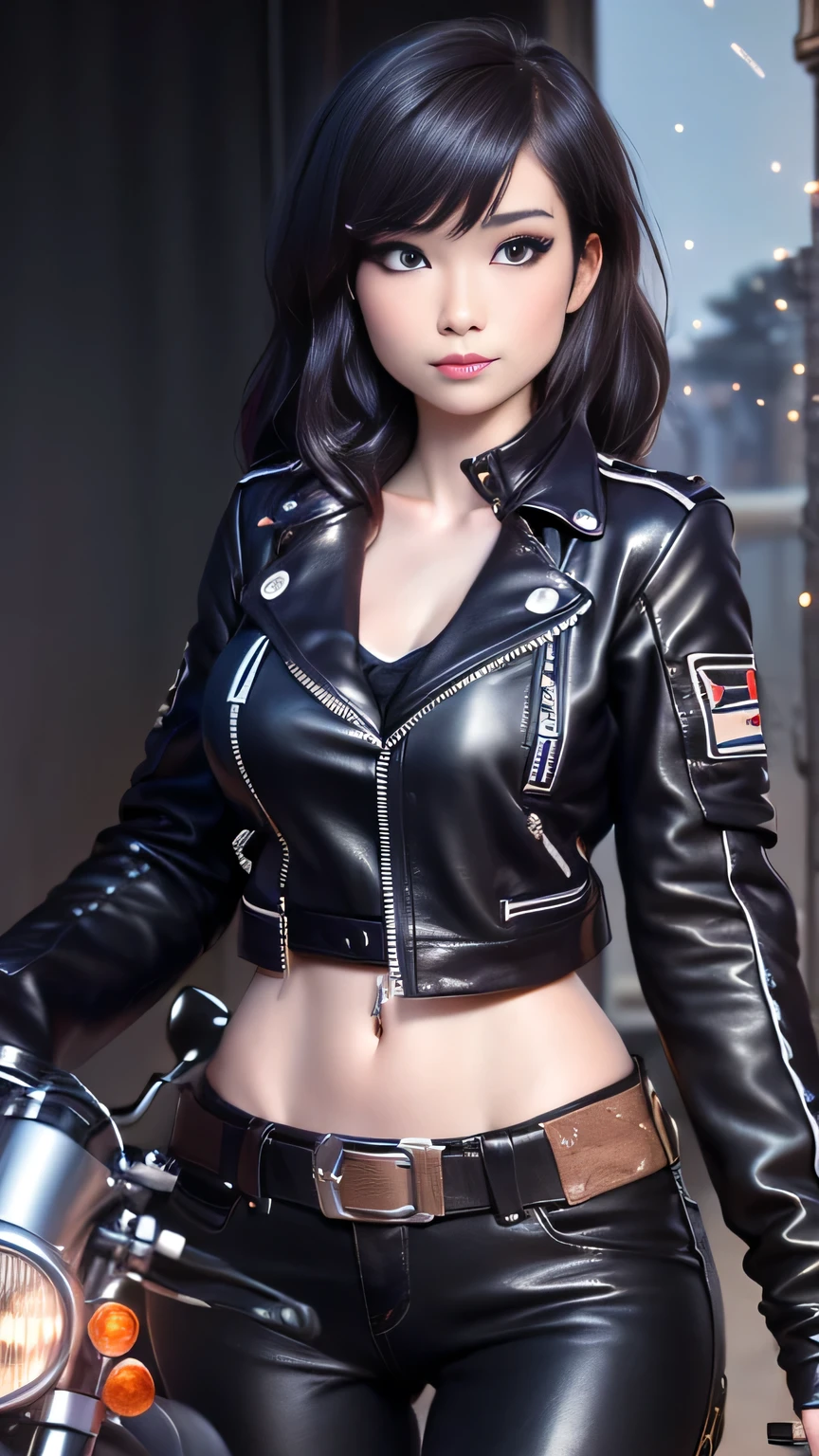 1girl in, photo of Emiru, RAW, beautiful woman, ((portrait)), ((detailed face:1.2)), ((detailed facial feature, detailed skin, clear skin), (perfect proportioned body, perky, runners body, thin hips, thin waist, skinny, petite, detailed skin texture), ((she is wearing a Biker Clothes, leather riding jacket, Riding a motorbike, Sweet Shy Face, Relaxed and beautiful face, perfect lips, Military base, military tent, military Jeep, (realistic photo, best quality, detailed), (8k wallpaper), (cinematic lighting, dramatic lighting), (sharp focus, intricate) high quality, film grain, Fujifilm XT3 sharp focus, f 5.6, 50mm, High Detail, Sharp focus,(natural light), crazy details, complex details, hyper detailed. (cowboy photo:1.2), light particles, sfw