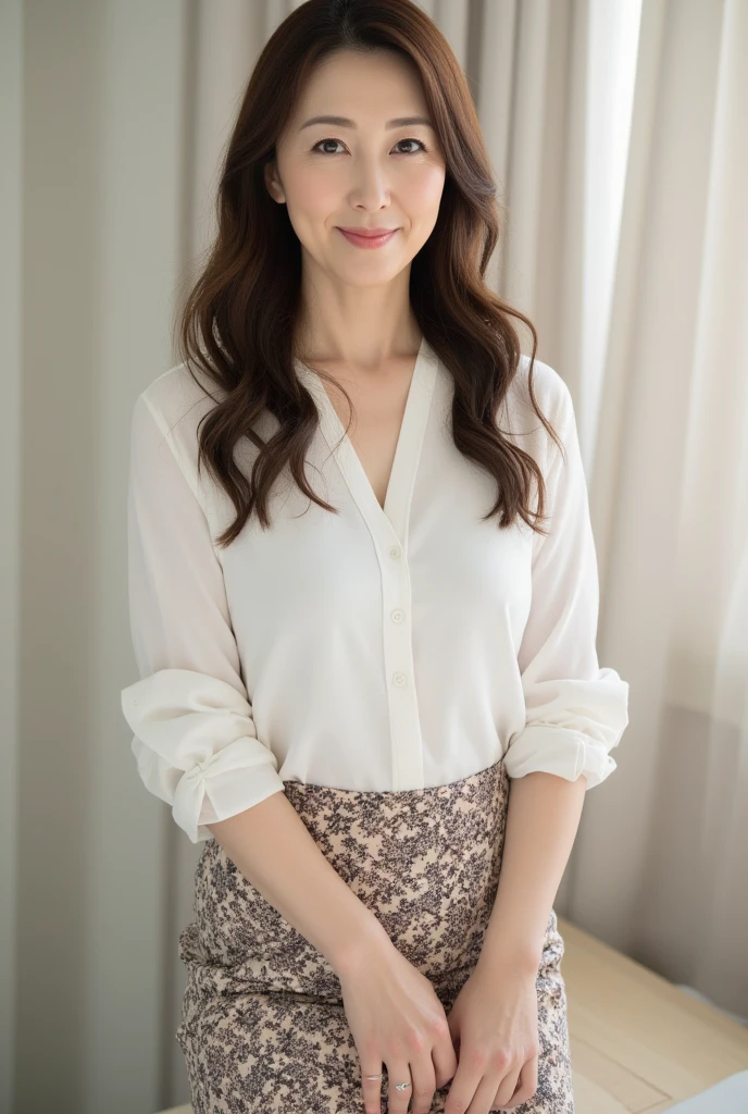 ((Highest quality)), ((8k)), ((masterpiece: 1.3)), (Perfect appearance), (Photorealism: 1.6), (KE), (JMA), (古い日本の町並みの中に立つJapanese women: 1.6), (Kyoto), (Clear Background), Japanese women, (48 years old), ((Stand upright, Look forward, Center of screen)), ((Realistic skin texture)), (Fine wrinkles appear all over the skin: 1.3), (Dullness: 1.1), (Unmoisturized skin: 1.2) , (Facial wrinkles: 0.9), (Wrinkles around the eyes: 1.2), double eyelid, Lower eyelid tear trough, (Crying Mole: 0.9), The eyes are looking here, Serious gaze, (Dimples: 1.2), Laugh with the corners of your mouth wide open, Straight medium length, Soft fabric blouse, (Through the white blouse: 1.3), (Voluptuous and glamorous body), (Wide sleeves), (Cuffs that fit your wrist), (The bottom of the blouse is tucked into the skirt: 1.2), flare skirt, High heels, (Focus on the upper body: 1.3), (Low - Angle: 1.4),