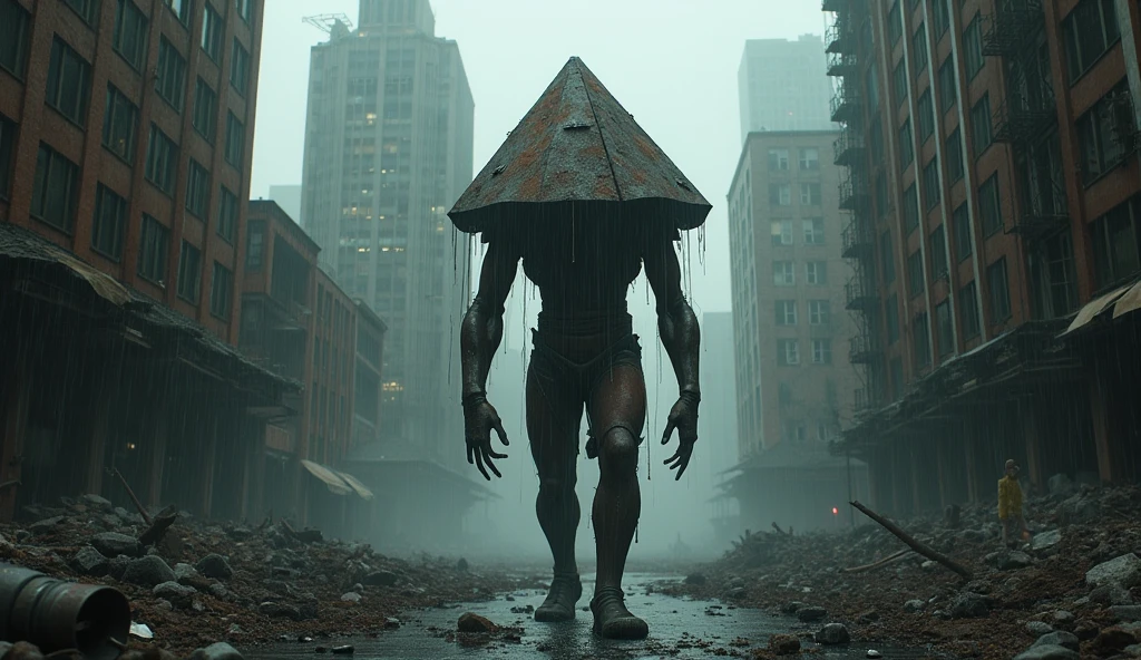 hyperrealistic 3d render of pyramid head from silent hill, extremely detailed,extremely high resolution, volumetric fog,dynamic lighting with strong contrast,cinematic composition,dark atmospheric setting,muted color palette with rust and decay,film grain,depth of field,motion blur,ray tracing,particle effects,post processing to enhance surreal and nightmarish qualities,inspired by christophe gans' 2006 silent hill film adaptation