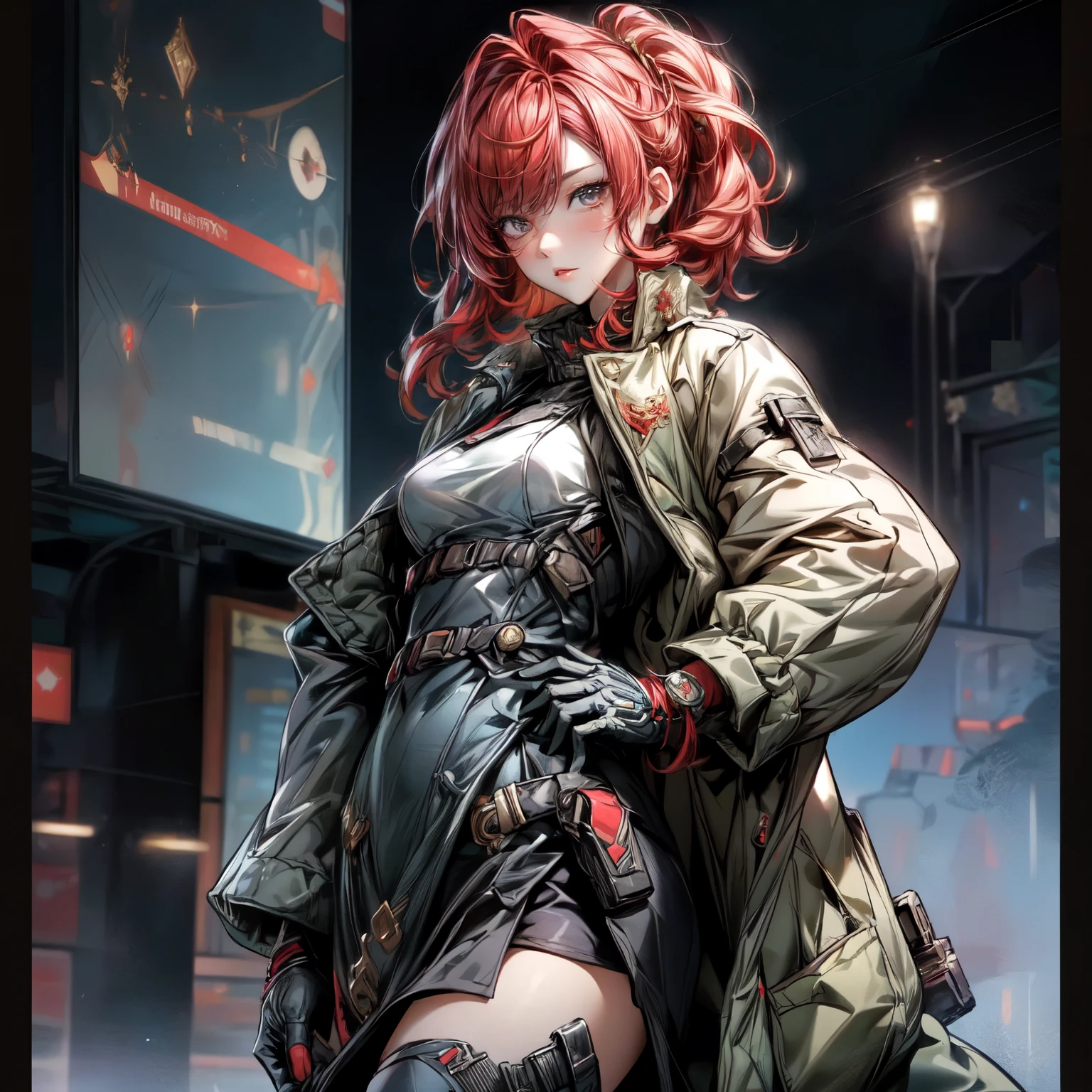 ((best quality)), ((Masterpiece)), ((Enrich the picture,Masterpiece level quality)), ultra background details, an image of a beautiful cyberpunk woman, mature woman, fierce woman, นายทหาร, นายพล, sexy mini military uniform, cyberpunk theme, (( curtainbangs, red hair)), golden eyes, sexy black mini skirt, sexy jacket, ผู้คน, , military base background, ตุ้มหู, gloves, armor