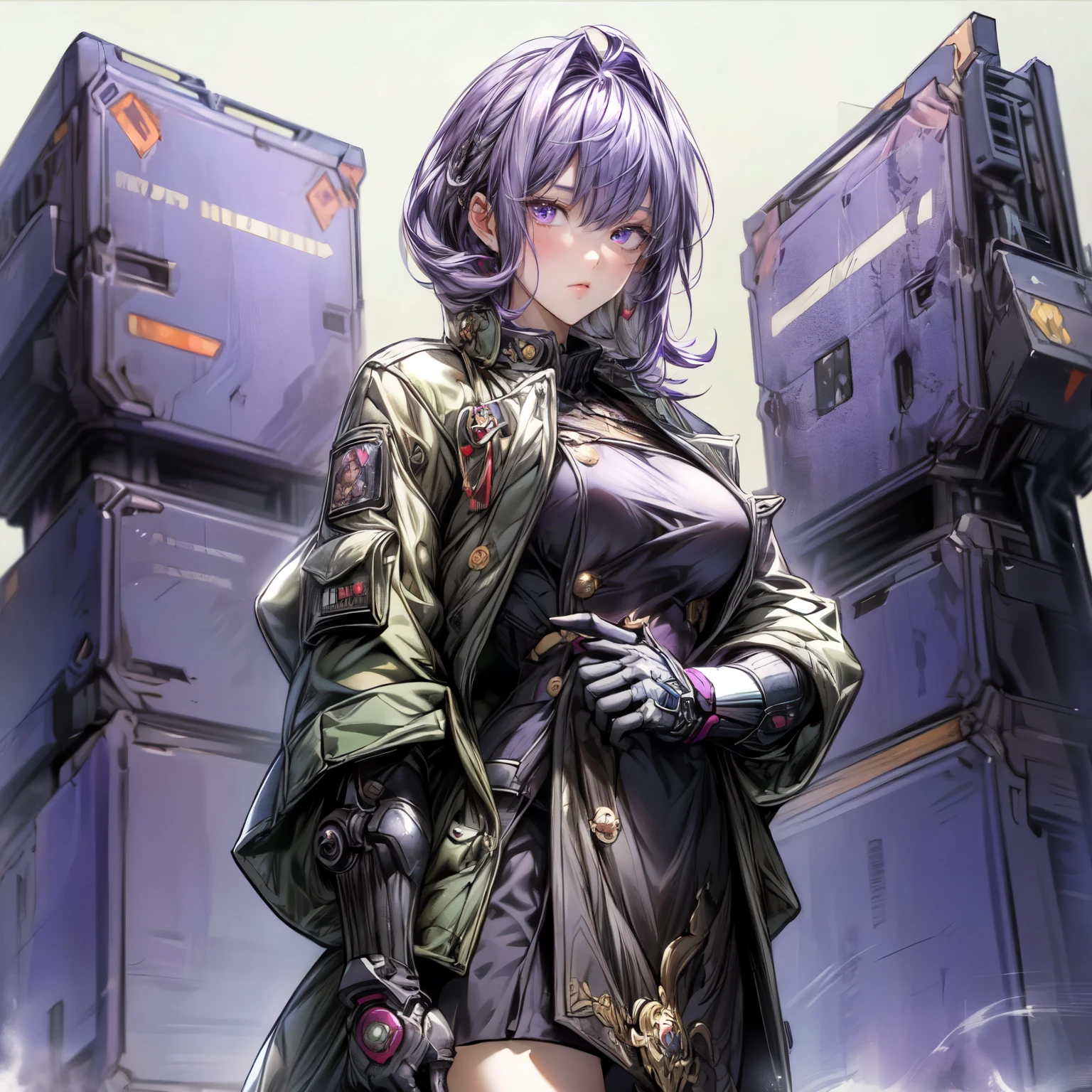 ((best quality)), ((Masterpiece)), ((Enrich the picture,Masterpiece level quality)), ultra background details, an image of a beautiful cyberpunk woman, mature woman, fierce woman, นายทหาร, นายพล, sexy mini military uniform, cyberpunk theme, (( curtainbangs, purple hair)), golden eyes, sexy black mini skirt, sexy jacket, ผู้คน, , military base background, ตุ้มหู, gloves, armor