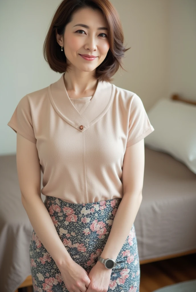 Japanese women, ((Highest quality)), ((Intricate details)), (((超Realistic)), irrational solution, The Law of Perspective, Very detailed, Realistic, 1. Mature Woman, (60 years old)), ((( Facial wrinkles, Wrinkles around the eyes, Inflamed skin, Nasolabial folds))), ,Perfect hands, Finger details, Beautiful and beautiful eyes, ponytail, (Wearing an open-chested shirt:1.2), Tight Skirt, Detailed Background, , Perfect Eyes, Captivating eyes, Looking at the audience, from the front、Laughter, Tight Fit Mini Skirt、Thighs、whole body