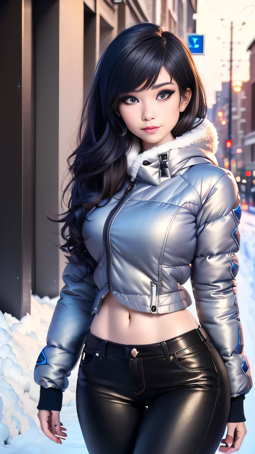 1girl in, photo of Emiru, RAW, beautiful woman, ((portrait)), ((detailed face:1.2)), ((detailed facial feature, detailed skin, clear skin), (perfect proportioned body, perky, runners body, thin hips, thin waist, skinny, petite, detailed skin texture), (in winter clothing, sultry flirty look, cute natural makeup, wearing elegant warm winter fashion clothing, ((standing outside in snowy city street)), stunning modern urban environment, (realistic photo, best quality, detailed), (8k wallpaper), (cinematic lighting, dramatic lighting), (sharp focus, intricate) high quality, film grain, Fujifilm XT3 sharp focus, f 5.6, 50mm, High Detail, Sharp focus,(natural light), crazy details, complex details, hyper detailed. (cowboy photo:1.2), light particles, sfw