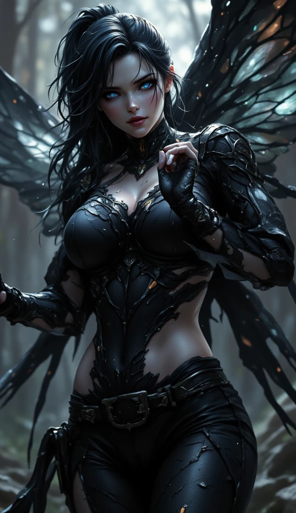 (best quality,4k,high-res,masterpiece:1.2),ultra-detailed,realistic:1.37,cosmic fallen angel,busty,glowing light eyes,biomechanical,eerie,creepy,brightly-colored,light particles,light glowing,mystical,medieval clothes,erotic