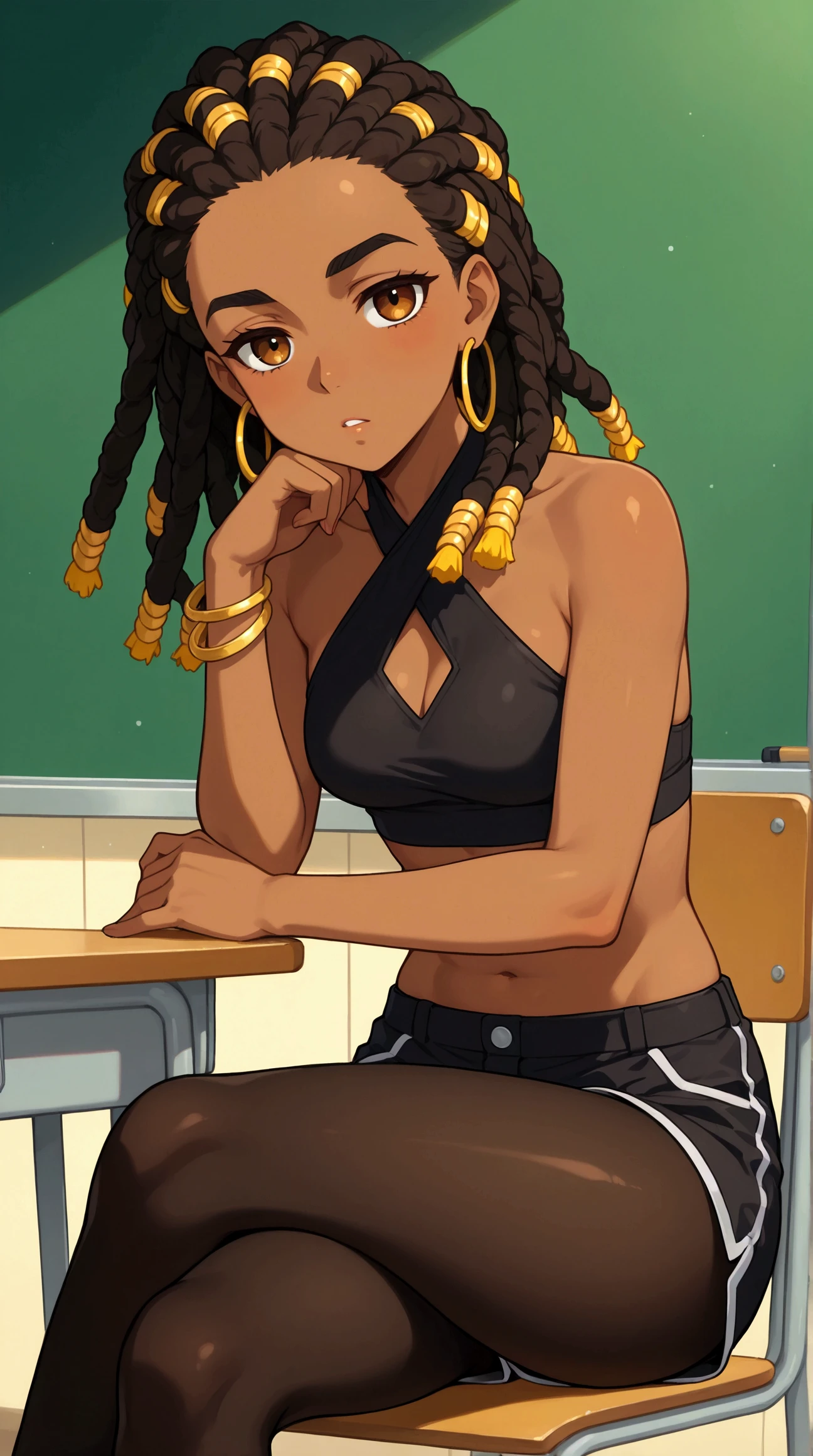 1girll, Dark skin tone, (Spread your legs 1.3), clothes off, (big breast:1.0), A high resolution, Solo, Mature female, Classroom, Teacher, (Sexy pose at the top of the table:1.1), Black hair, sitting the desk