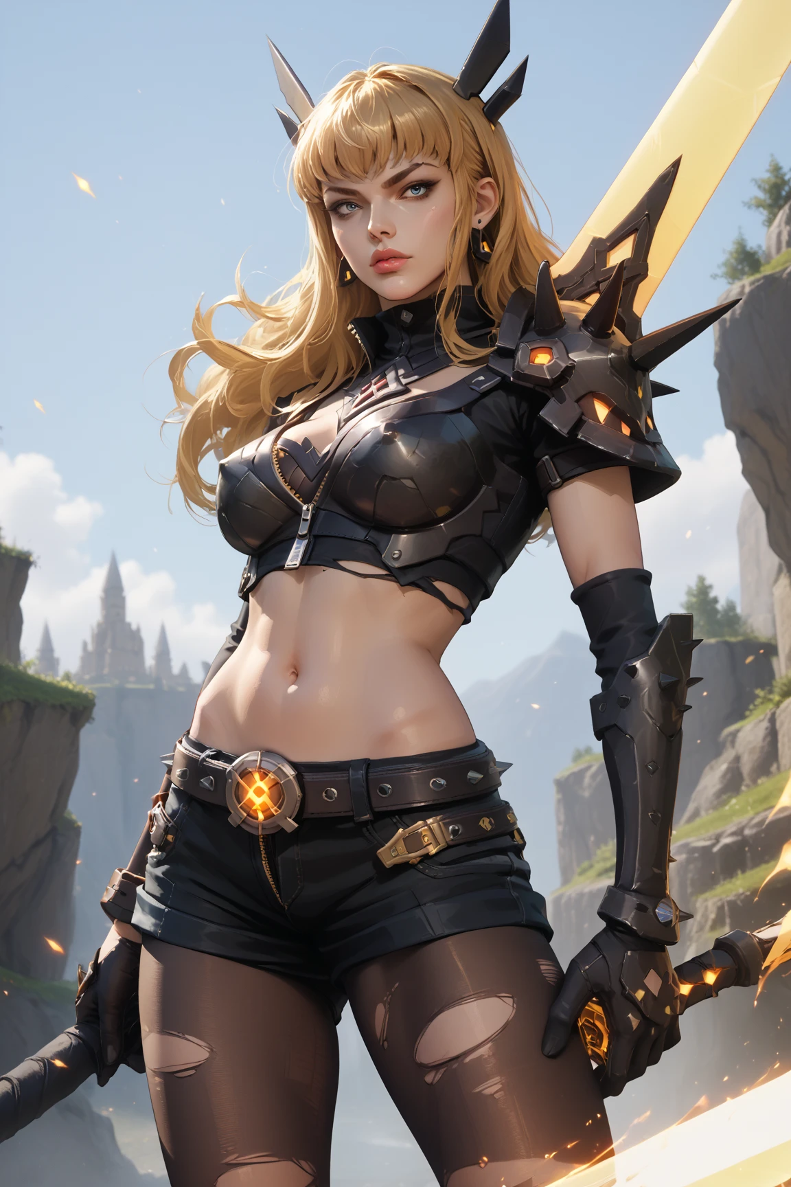 8K,Blonde female warrior fighting monsters,Super Beauty(Realistic Skin),Macho female warrior,blonde mohawk hair,Perfect Anatomy,charm,Volume measurement,Body balance,Digital single-lens reflex camera, Soft lighting, Detailed Background, Written boundary depth, Volumetric lighting, Sharp focus, Absurd, Realistic proportions, Excellent anatomy, (Realistic, 超Realistic:1.4), 16K HDR, dawn,A High Resolution,super Realistic 肌,Super beautiful expression,Fantasy art,Character Art,Wind effects:1.9、Cloud Effect:1.2、Full Rendering、Professional quality high resolution、Perfect contrast、Perfect lighting、Perfect composition、Perfect Skin、Perfect Fingers、Perfect breasts、Perfect Hair、Perfect Face、Realistic facial features,super highest quality,Slim figure,Perfect body line,完璧なhandの造形,Anatomical body balance,Highly detailed face,Highly detailed eyes,Beautiful Lips,Excellent light particles,Cinema Lighting,Makeup,Ultra-high resolution,Ultra-Realistic Skin,Accentuate your cleavage,Demon Slayer Costume,hand,
