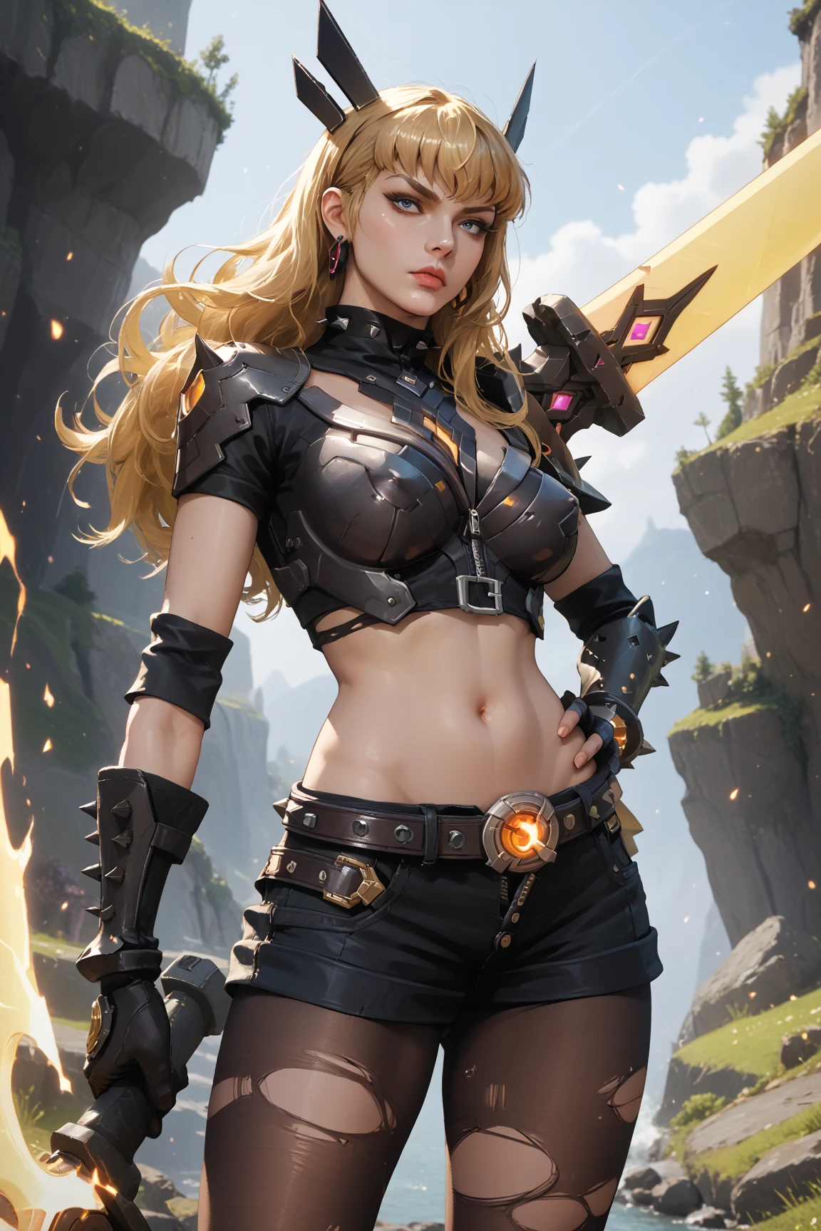 A young 15- yr old Orcish girl with lovely charming face, having silver Lion skin tone pigmenting texture, (wearing nose ring), (body builder, athletic masculine size body),(having a lots of battle scar's), ( silver Lion skin texture masterpiece ), (tomboyish cyber punk hairstyles look), (( wearing helmet with horns)), (serious, with exposed teeths showing large fangs)(perfect full body detailed anatomy), (Super accessories detailed), (fighting pose), (perfect detailed bright sparkling eyes),( short illuminating hair), ((expose big hard erect nipples))(( wearing illuminating transparent armored panty and bra, with pussy clitoris exposed ))((legs wide open showing pussy line))(( Wearing illuminating transparency lion costumes )), (( holding a treasure axe or treasure war hammer )), ( lava cliff background), (( illuminating different lights covering the sorrounding atmosphere of battle fields)) on its back wearing dark cape detailed design, has a angry face, 7 different perspective view of that same girl & face profile sheet character style