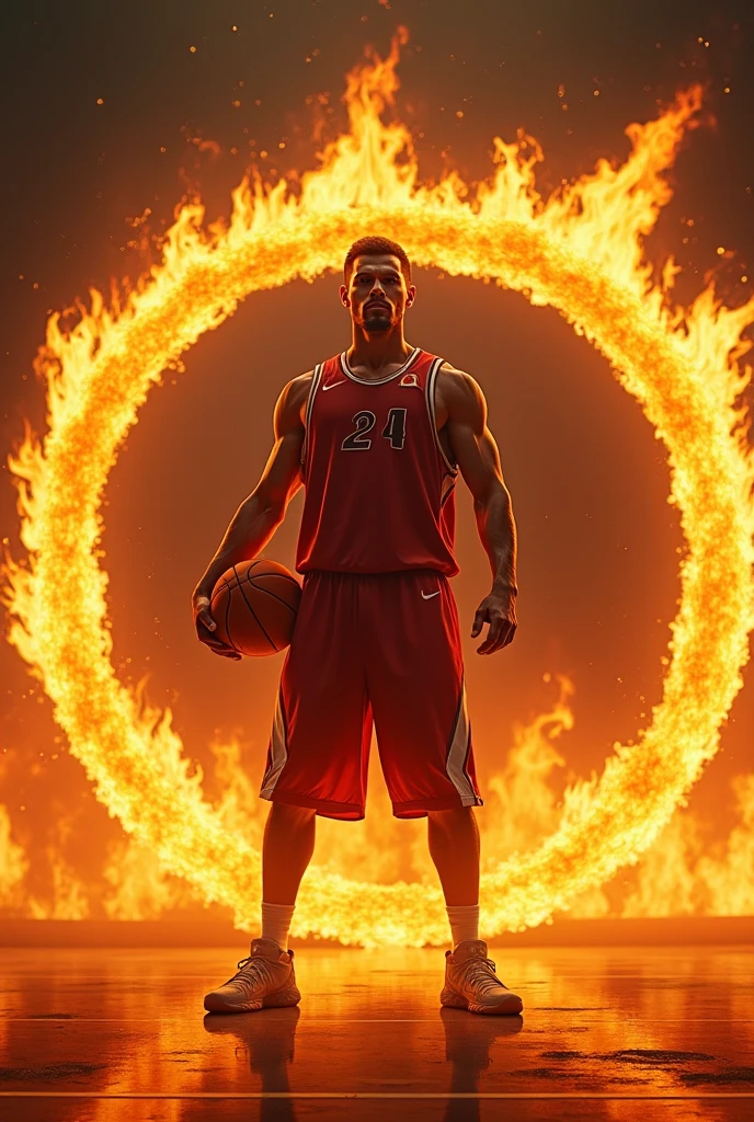 A Muscular man. Scary lion head. Playing football. Burning field background.