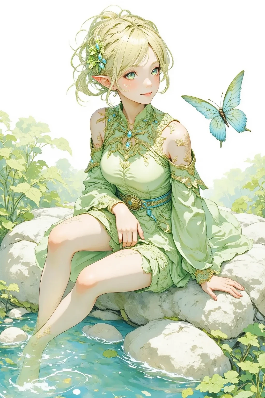(Masterpiece:1.3,  Top Quality :1.3,  detailed depiction  :1.3,  HD :1.3, High Quality Anime Painting  ),2girl break ( 1girl , Elven Swordsman, Flying Cape, breastplate, like々Shiny Green Dress ,  Swaying Skirt ,  is smiling, whole body,  is sitting, She's putting her foot in the lake water,  thighs,  calves , Toes) break (background\Beautiful lakeside), (side view, Vision,  Fantasy Animated Art ,  fantastic use of colors,  Expression of the Highest Colors ,  Incredibly Beautiful Color Expression ,  Pale and Gentle Watercolor Art , Beautiful expression of light) 