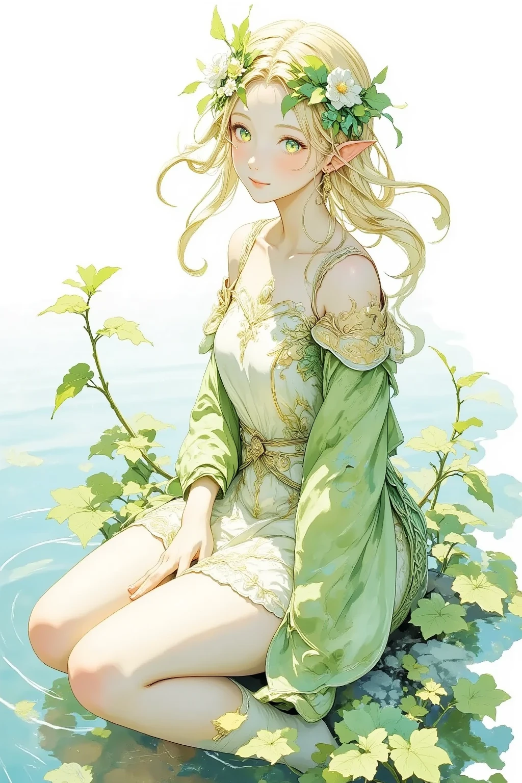 (Masterpiece:1.3,  Top Quality :1.3,  detailed depiction  :1.3,  HD :1.3, High Quality Anime Painting  ),2girl break ( 1girl , Elven Swordsman, Flying Cape, breastplate, like々Shiny Green Dress ,  Swaying Skirt ,  is smiling, whole body,  is sitting, She's putting her foot in the lake water,  thighs,  calves , Toes) break (background\Beautiful lakeside), (side view, Vision,  Fantasy Animated Art ,  fantastic use of colors,  Expression of the Highest Colors ,  Incredibly Beautiful Color Expression ,  Pale and Gentle Watercolor Art , Beautiful expression of light) 