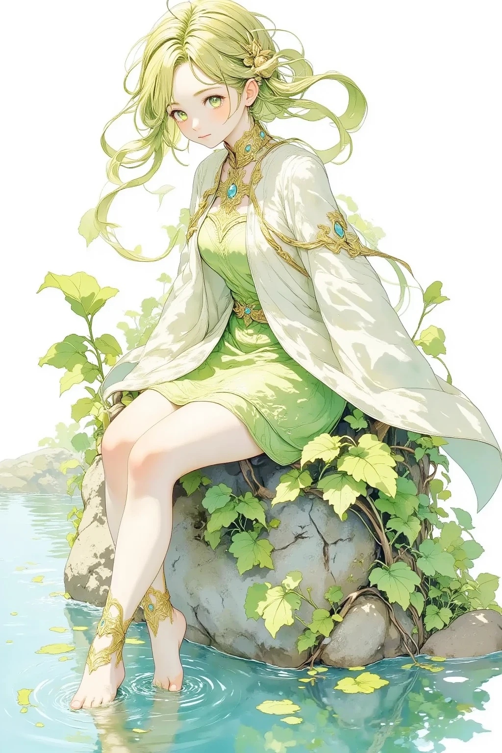 (Masterpiece:1.3,  Top Quality :1.3,  detailed depiction  :1.3,  HD :1.3, High Quality Anime Painting  ),2girl break ( 1girl , Elven Swordsman, Flying Cape, breastplate, like々Shiny Green Dress ,  Swaying Skirt ,  is smiling, whole body,  is sitting, She's putting her foot in the lake water,  thighs,  calves , Toes) break (background\Beautiful lakeside), (side view, Vision,  Fantasy Animated Art ,  fantastic use of colors,  Expression of the Highest Colors ,  Incredibly Beautiful Color Expression ,  Pale and Gentle Watercolor Art , Beautiful expression of light) 