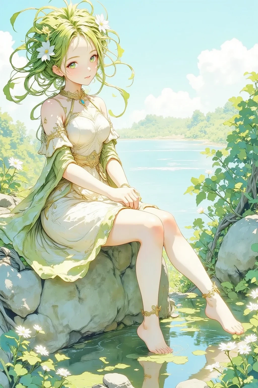 (Masterpiece:1.3, Top Quality :1.3, detailed depiction :1.3, HD :1.3, High Quality Anime Painting ),2girl break ( 1girl , Elven Swordsman, Flying Cape, breastplate, like々Shiny Green Dress , Swaying Skirt , is smiling, whole body, is sitting, She's putting her foot in the lake water, thighs, calves , Toes) break (background\Beautiful lakeside), (side view, Vision, Fantasy Animated Art , fantastic use of colors, Expression of the Highest Colors , Incredibly Beautiful Color Expression , Pale and Gentle Watercolor Art , Beautiful expression of light)