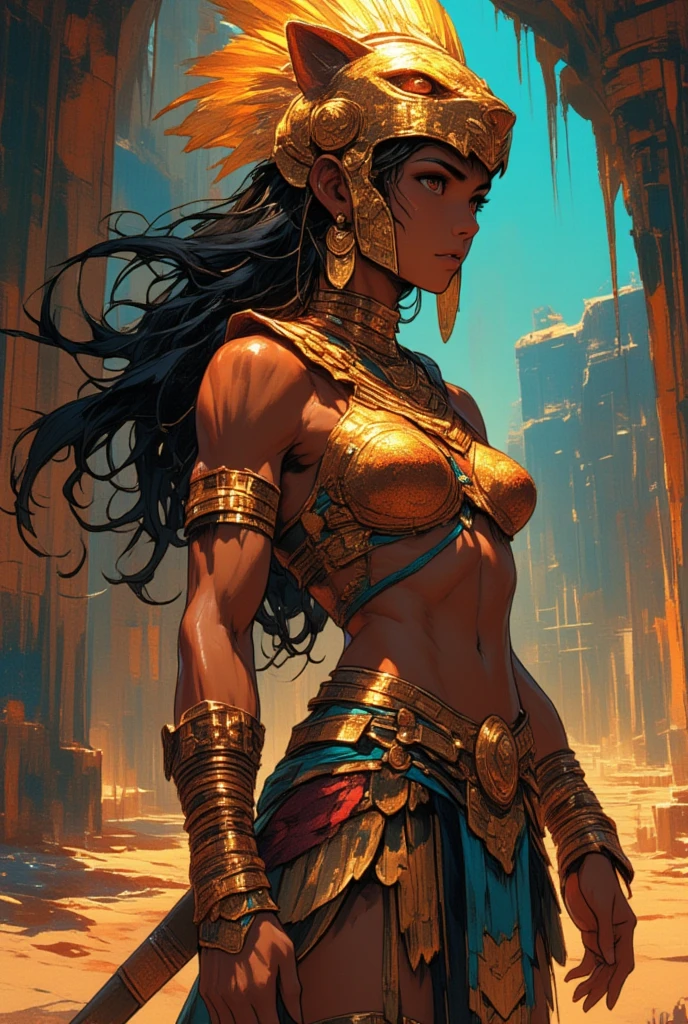 ((oaka_studio)), Beautiful full-bodied black woman, 30 years old, Egyptian woman, Egyptian adornments, muscular and perfect body, ((back)), head covered with an Egyptian headdress, dark skin shiny with oil and sweat, warrior Sphinx with little clothing, tiny thong of old body, bra in the shape of a metallic snake covering only a small part of the large breasts, Egyptian tattoo, arms covered by Egyptian adornments,  Large breasts covered by bands of fabric, generous neckline, holding a blood-stained spear, brave face, dark kingdom, sexy pose, walking in a desert, pyramids in the background