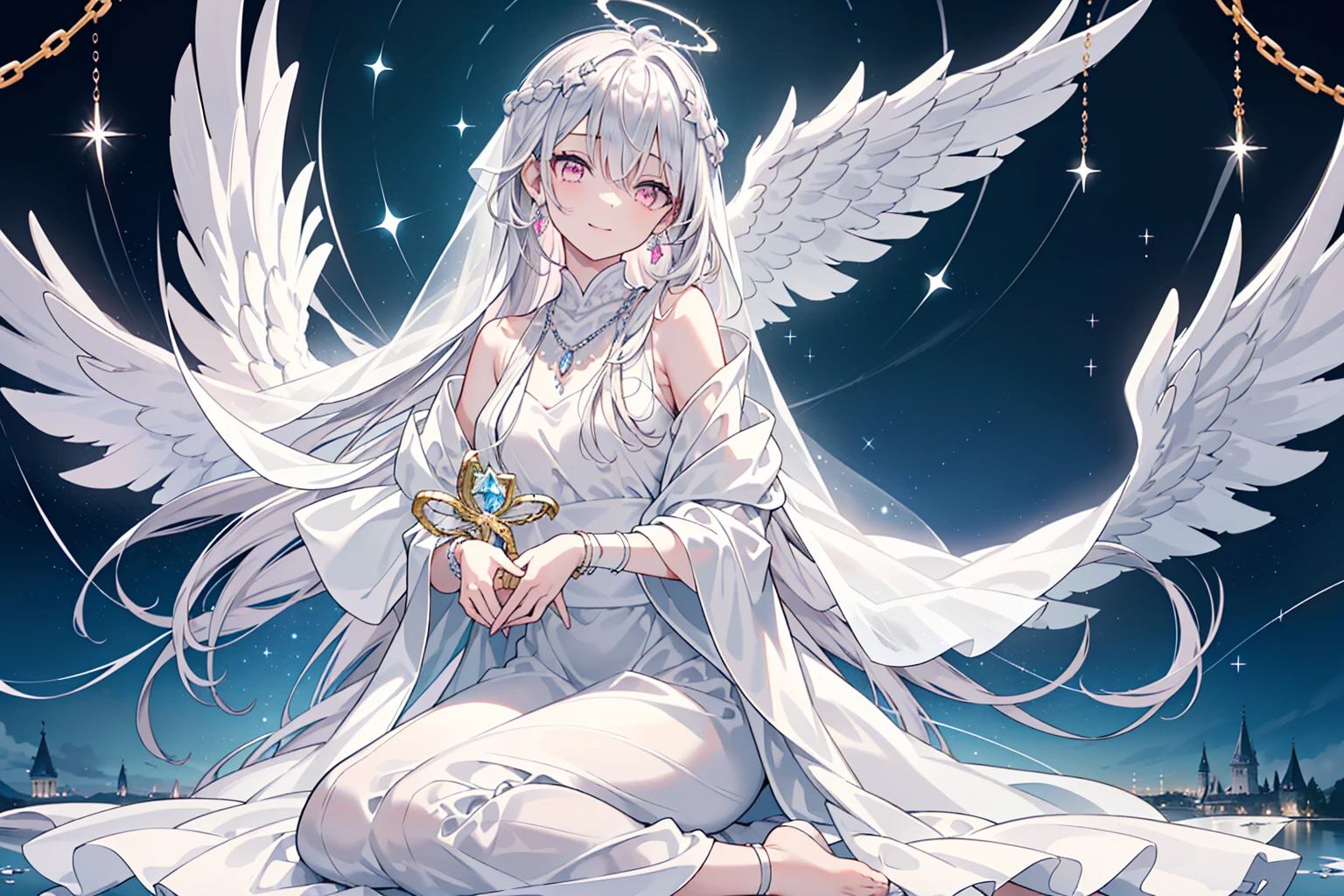(best quality,4k,8k,highres,masterpiece:1.2),ultra-detailed,realistic,photorealistic:1.37,beautiful detailed eyes,beautiful detailed lips,extremely detailed eyes and face,longeyelashes,magical girl,magical effects,elegant,cute,girl with long white hair,blue eyes,magic,wings-shaped hair accessory,elf,starlit background (pay attention to details),(attention to hands),(rich scene details),anime style,white dress,soft lighting,sparkling stars,enchanted atmosphere
