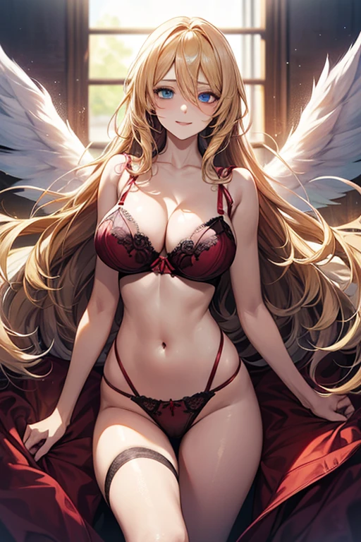((Best Quality)), ((Masterpiece)), (detailed), perfect faces, blonde hair, blue eyes, large breast, sexy, ((red color bra))), (((red color underwear))), (((red color lingerie))), cum in pussy, breast milk, angel wings