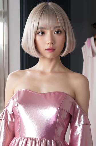 ((highest quality)), ((masterpiece)), (detailed), Tabletop:1.0), (highest quality:1.4), (High resolution:1.2), Realistic:1.4,8k, RAW Photos:1.2,.(A Japanese woman with a very and a baby face), Beautiful, symmetrical, slightly round eyes,The simple and beautiful face of a 23-year-old,Ulzzang full make-up:1.1,thin、rather thin eyebrows, (Sticking out tongue:1.1),((Blonde bob with bangs:1.4)),(光沢のあるdetailedな美白肌:1.2),((A spacious, luxurious and lively night party venue with a view of the nightscape from the large windows.:1.4)),(Cowboy shot from a little lower angle:1.2),(model pose:1.2),(((Super tight fit, A very shiny wet vivid pink color line design super small mini length satin fabric party dress:1.2))),((Well trained, Slender body:1.4)),Short torso:1.2,Broad shoulders:1.3,Tight waist:1.3,とてもthin太腿:1.35,Small Ass:1.2,(((Very small breasts:1.85))),((In good condition, Toned Abs:1.7)),muscular limbs:1.3,(Gold necklace, watch and bracelet:1.2),(Carry a fancy bag:1.2),((Very small breasts:1.8,Small breasts:1.7))