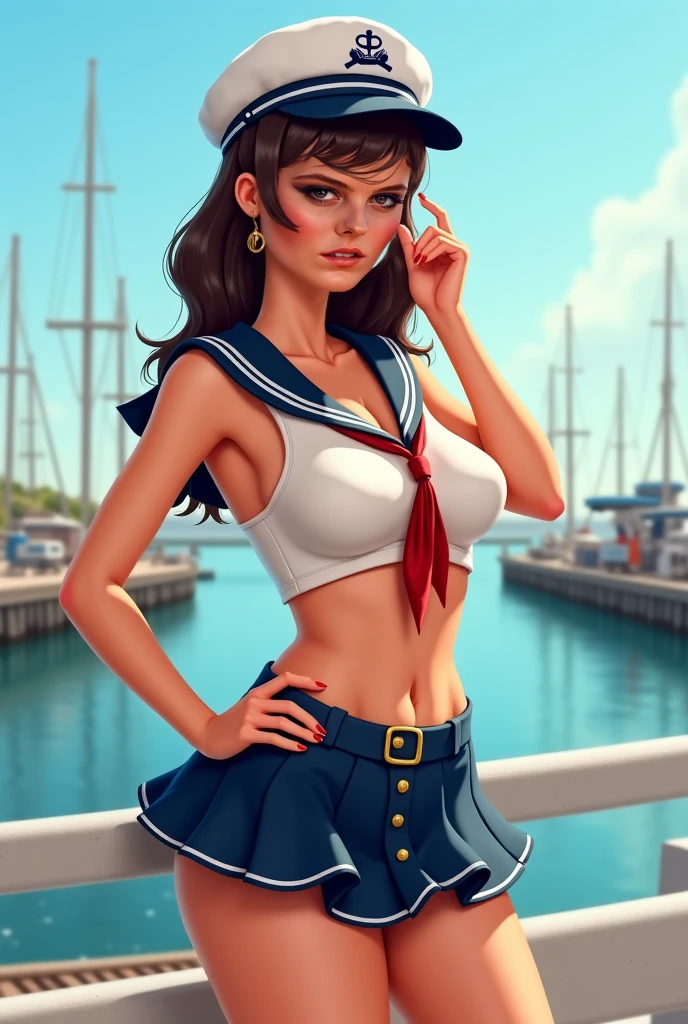 (Obra-prima, Qualidade Superior, Melhor Qualidade, Arte Oficial, Beleza & aesthetics: 1.2), hdr, alto contraste, lente grande angular, 1girl, franja, olhando para o espectador, relaxed expression, olhos castanhos pronunciados, sobrancelhas desbotadas longas, maquiagem suave, gradient lips, seios grandes, figura de ampulheta, dedos longos, umbigo, realistic illustration, (tons suaves: 1.3), (super detalhado: 1.2), solo, transparente, (((sailor_shirt))), saia marinheiro, hat, seios grandes, standing, tiro de cowboy, cabelo muito longo, dia ensolarado, fundo da sala de aula,