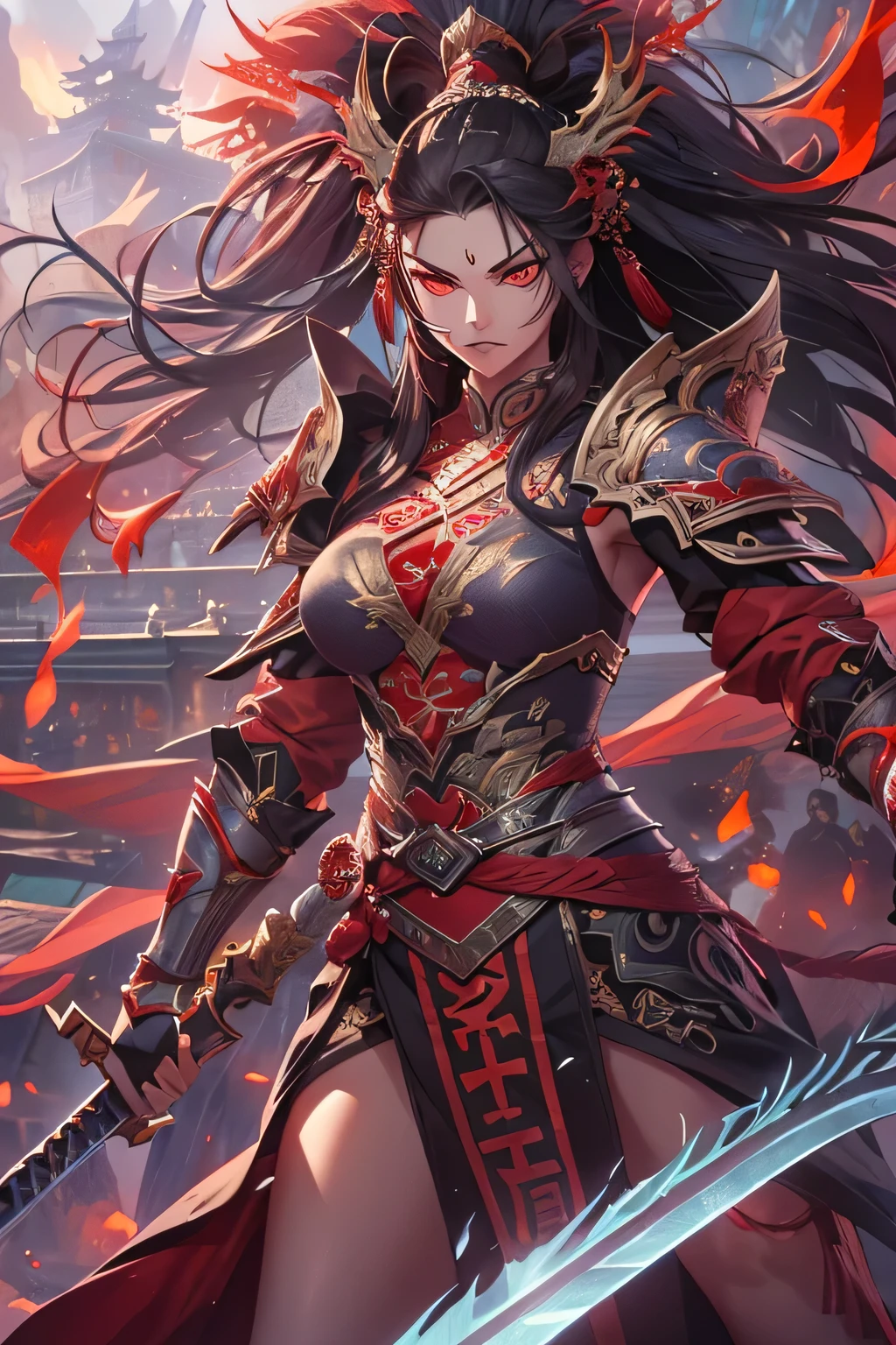 Chinese style, ancient battlefield, an ancient Chinese female general, holding a sword in her hand, grim expression, full body, amazing facial features, red robe, armor, boots, yellow sand in the sky, fleeing crowd, firelight, game model, stunning lighting, C4D, OC rendering, cinematic edge light, delicate light, masterpiece, super detailed, epic composition, super HD, high quality, highest quality, 32k
