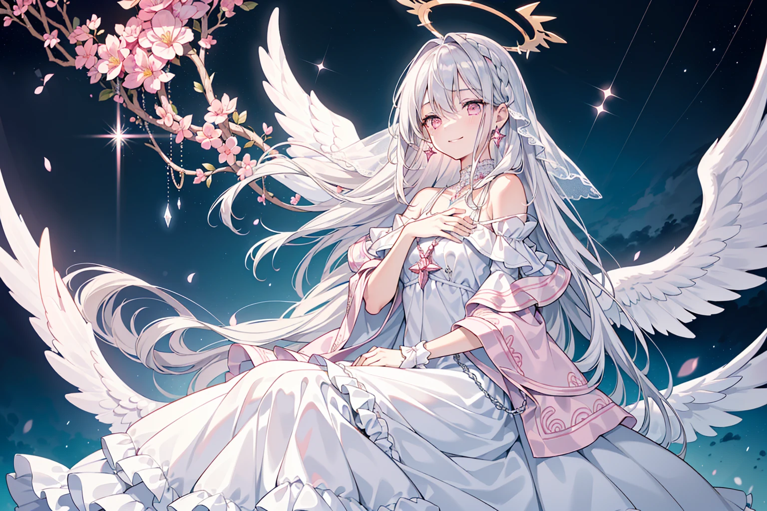 Masterpiece, Best quality, 1girll, White hair, angel, Innocent, Pink eyes, Angel wings, full bodyesbian, arms back behind, sky, Halo, forest, Serious look,white colors,Beth,stocklings,Hosiery,lacepantyhose