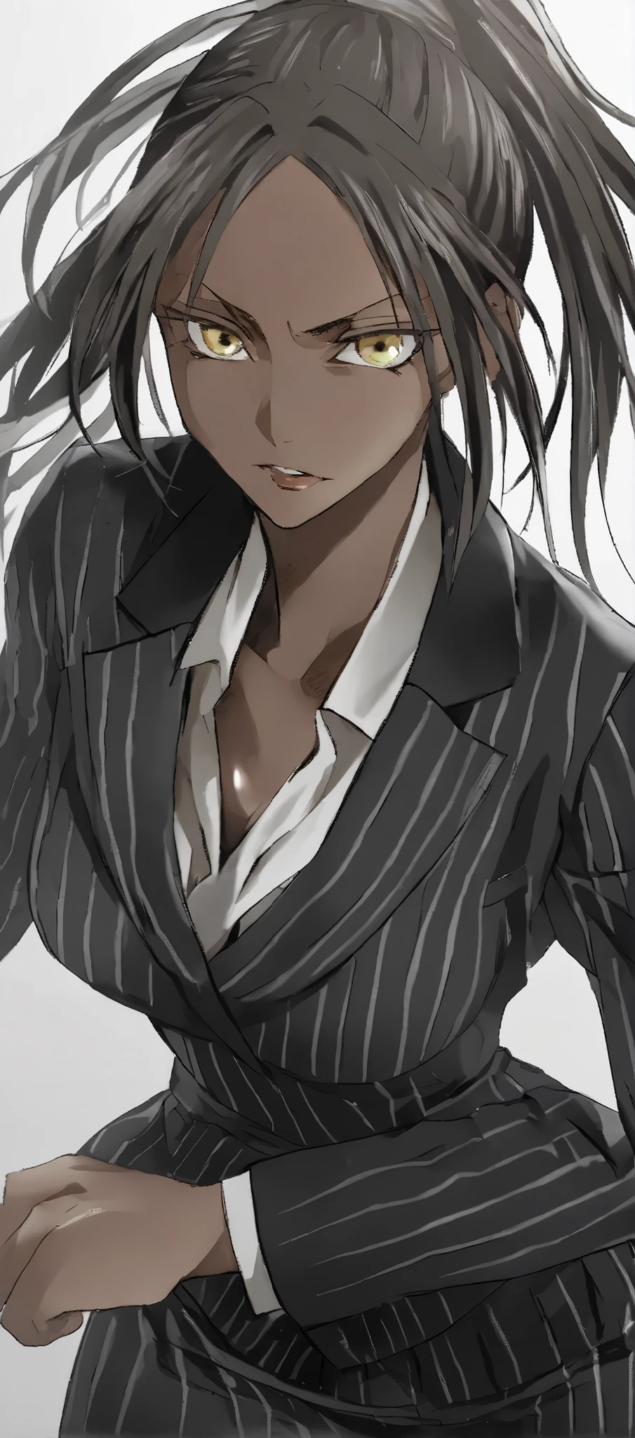 Thin Black business woman with cornrows while wearing a black pinstripe suit and pinstriped skirt on , with yellow eyes