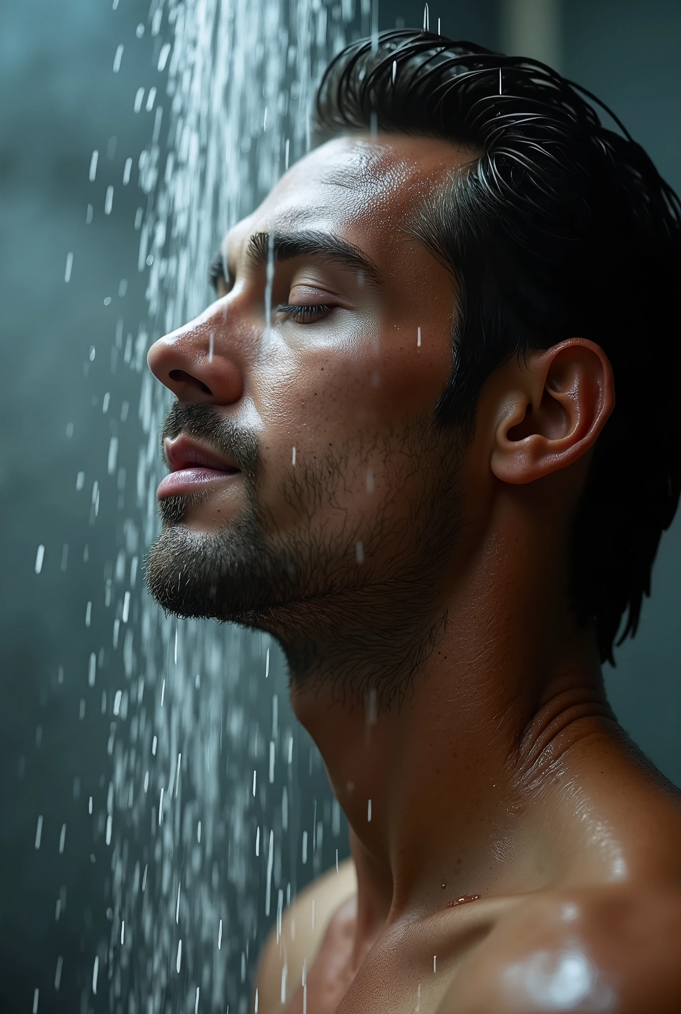Ultra high resolution, best quality, photo, 4K, (photorealistic: 1.4), cinematic lighting, a beautiful 22-year-old man, under a shower, black hair, water hit face, beard, wet body, eyes closed, white underwear,