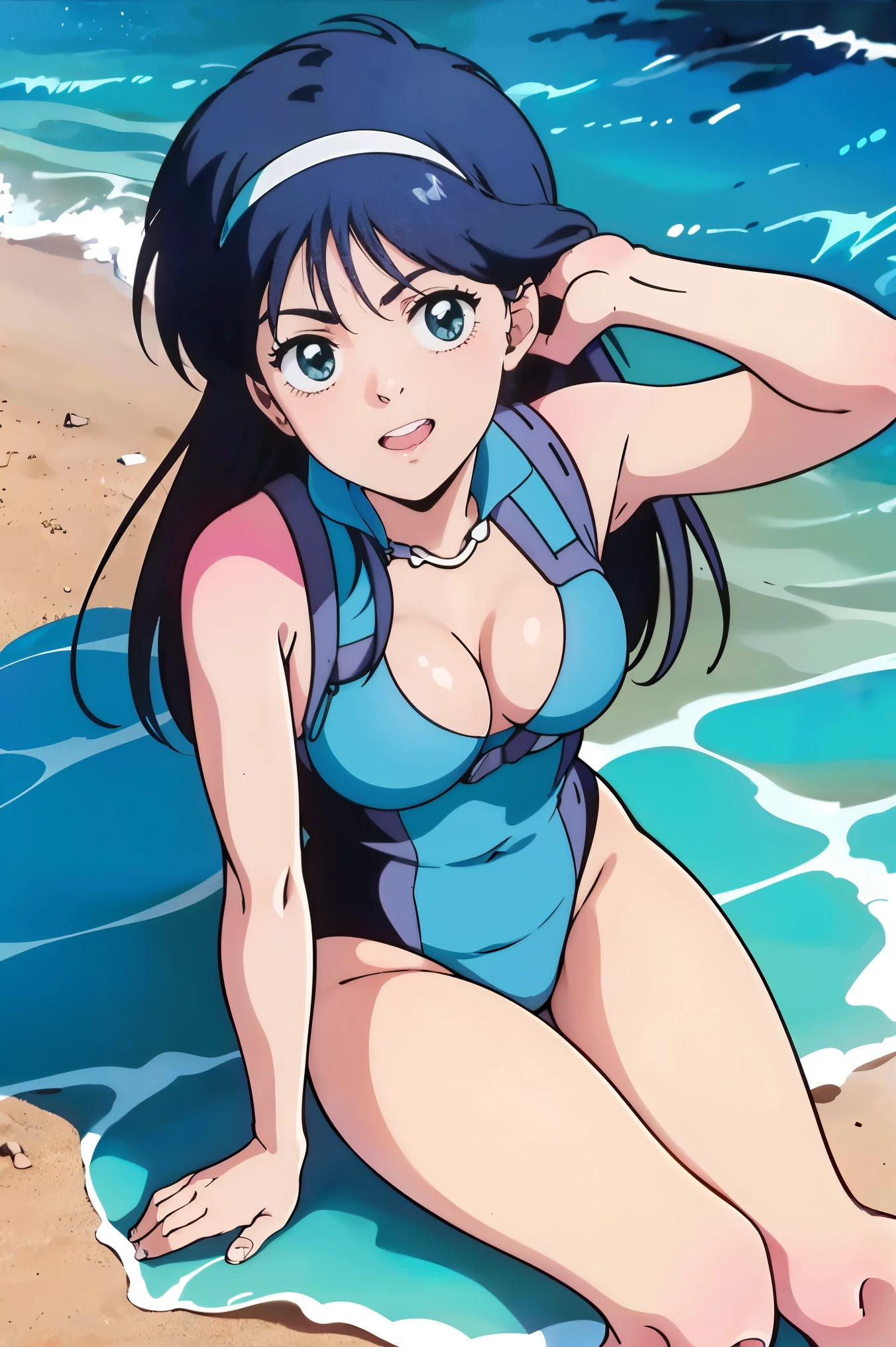 One-Piece Robin, pose sexy, E se , Elly, sari vermelho, 8K, anime, costa, peito grande, bunda grande, Looks sexy quality perfect blue eyes standing eyes blue bikini