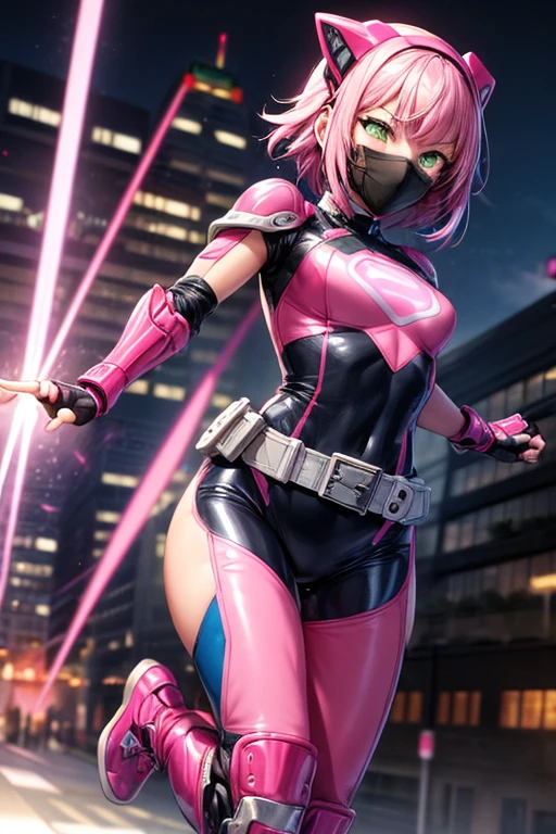 1girl, medium breasts, leotard, pink and black leotard, bare legs, tight belt, gold belt, gloves, white glove, 
city backdrop, tokyo city backdrop, solo, single, cowboy shot, superhero, beautiful detailed eyes, 20 year old girl, 
gold symbol on chest, mask, pink hair, short hair, bob hair, sleeveless, perfect anatomy, masterpiece, (rear view)
Strong, powerful, Front facing camera. Eyes glow with electric power, pink
superhero pose, dramatic lighting. storm clouds in sky, dramatic sky, lighting, glowing, lens flare.
