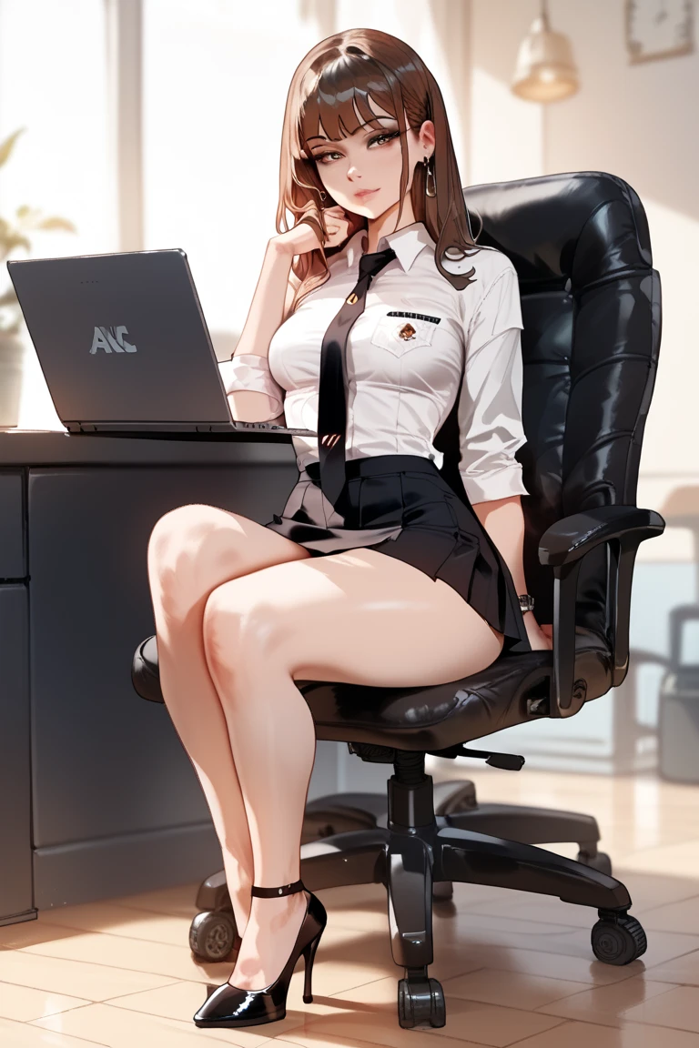 4K， Sit in a chair in the office，Messy clothes，Stockings through，Underwear can't be wrapped，The picture does not show hands，Hand outside the picture