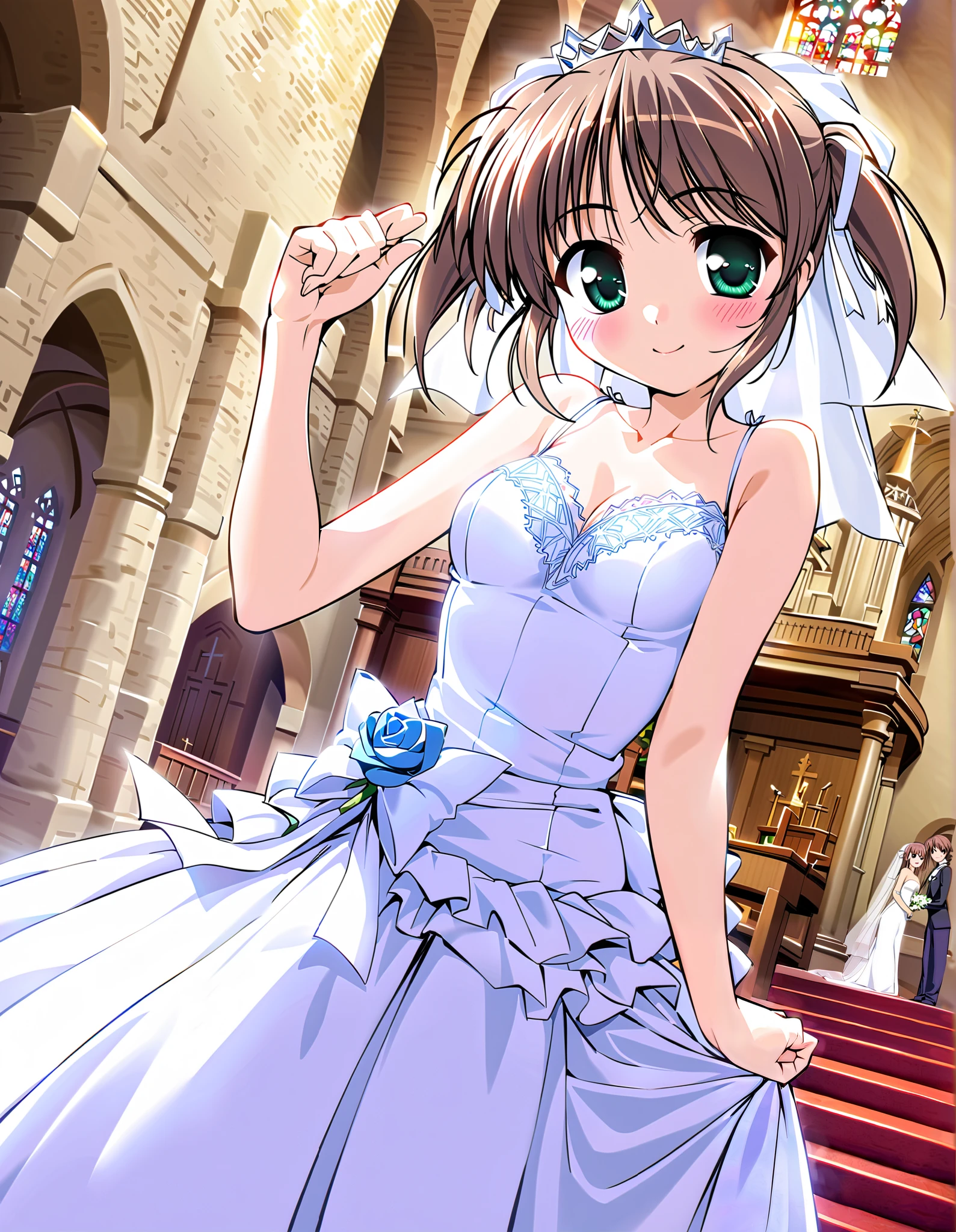Asagiri Mai, Alone, (cowboy shot), brown hair , short hair, hair ribbon, twintails, green eyes, small breasts, (wedding dress), ( cute pose), (Red cheeks:1.2), cleavage, (bright smile:1.2), (church), (cute bride ), score_9, score_8_superior, score_7_superior, source_anime, (best quality:1.2), 細部までこだわったanime, high quality , full color, 8k, high resolution