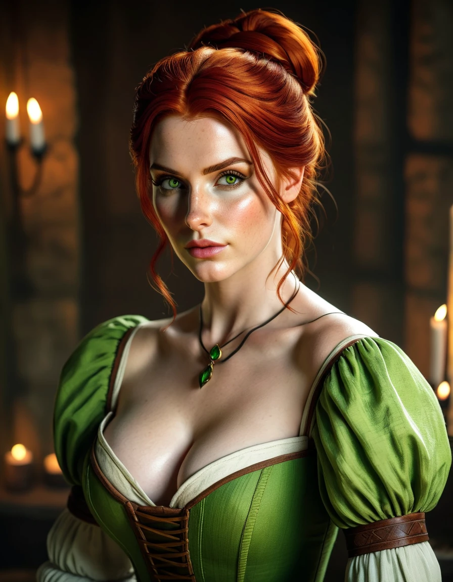 ultra realistic photograph, RAW professional photograph, 1girl, bare_shoulders, bun_hair, breasts, cleavage, dress, earrings, flower, green_eyes, hair_flower, hair_ornament, jewelry, necklace, orange_hair, defiant smile, solo, Victorian lady, huge_breasts