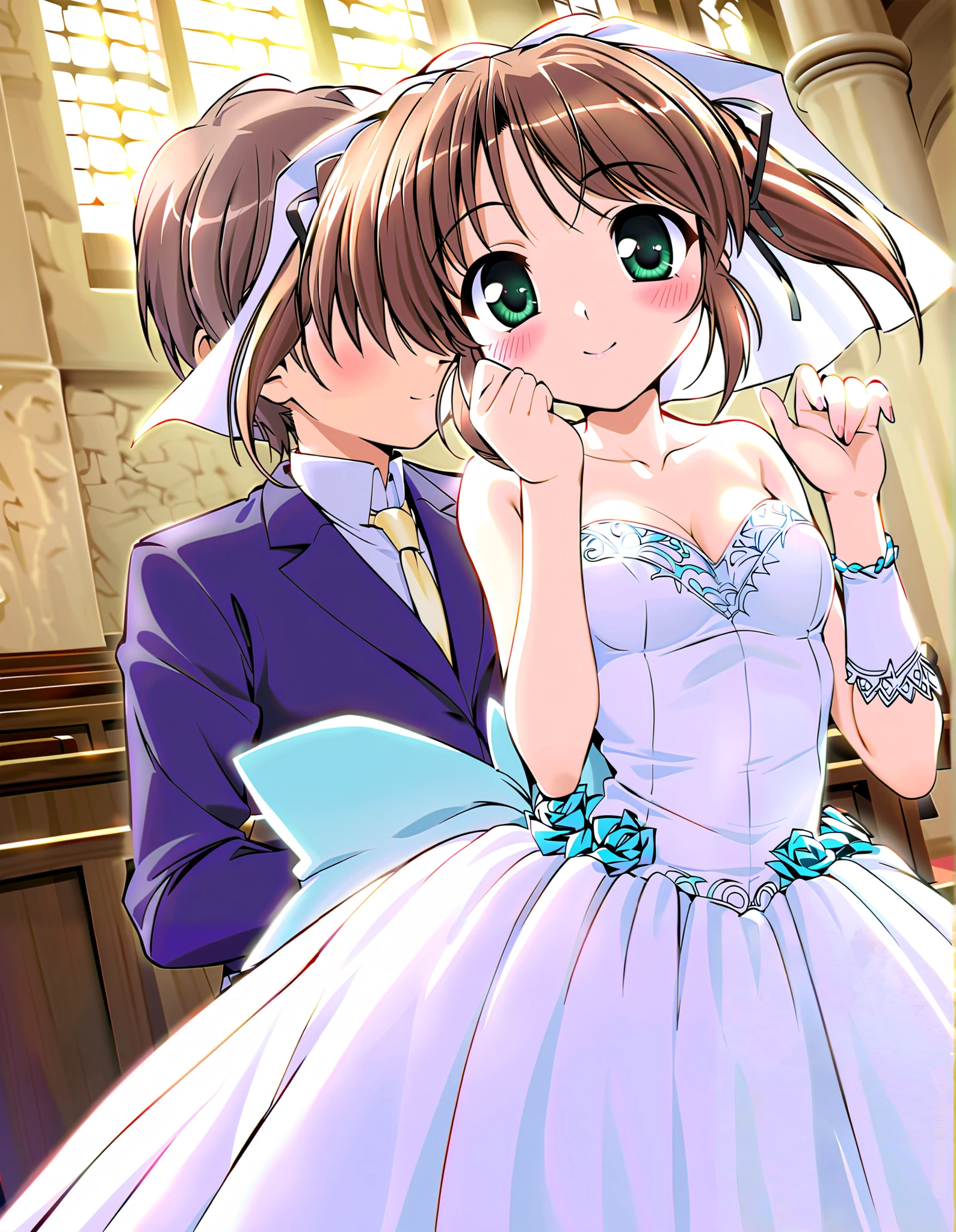 Asagiri Mai, Alone, (cowboy shot), brown hair , short hair, hair ribbon, twintails, green eyes, small breasts, (wedding dress), ( cute pose), (Red cheeks:1.2), cleavage, (bright smile:1.2), (Promised Kiss), (face waiting for kiss), (church), (cute bride ), score_9, score_8_superior, score_7_superior, source_anime, (best quality:1.2), 細部までこだわったanime, high quality , full color, 8k, high resolution