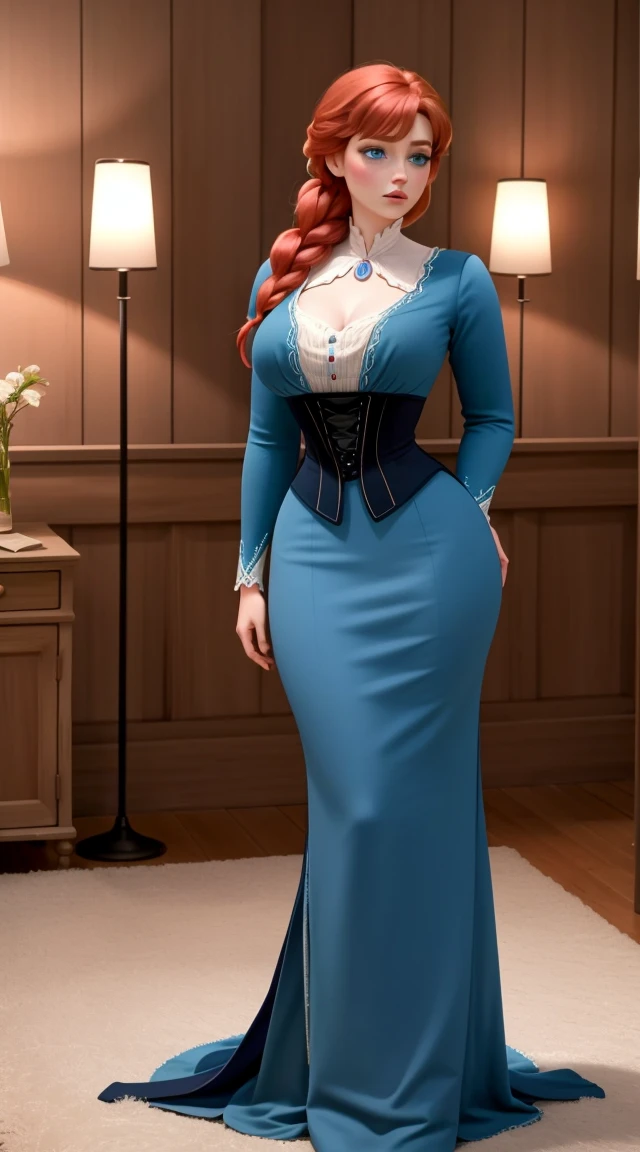 (best quality, highres), Anna of Arendelle and her young son, beautiful detailed eyes, beautiful detailed lips, Loong legs, sexy legs, wide hips, busty, confident pose, natural lighting, vibrant colors, realistic, sharp focus, curvy, big ass, thick high, pawg, full body shot, wearing switer dress , wearing strap wedges, glasses