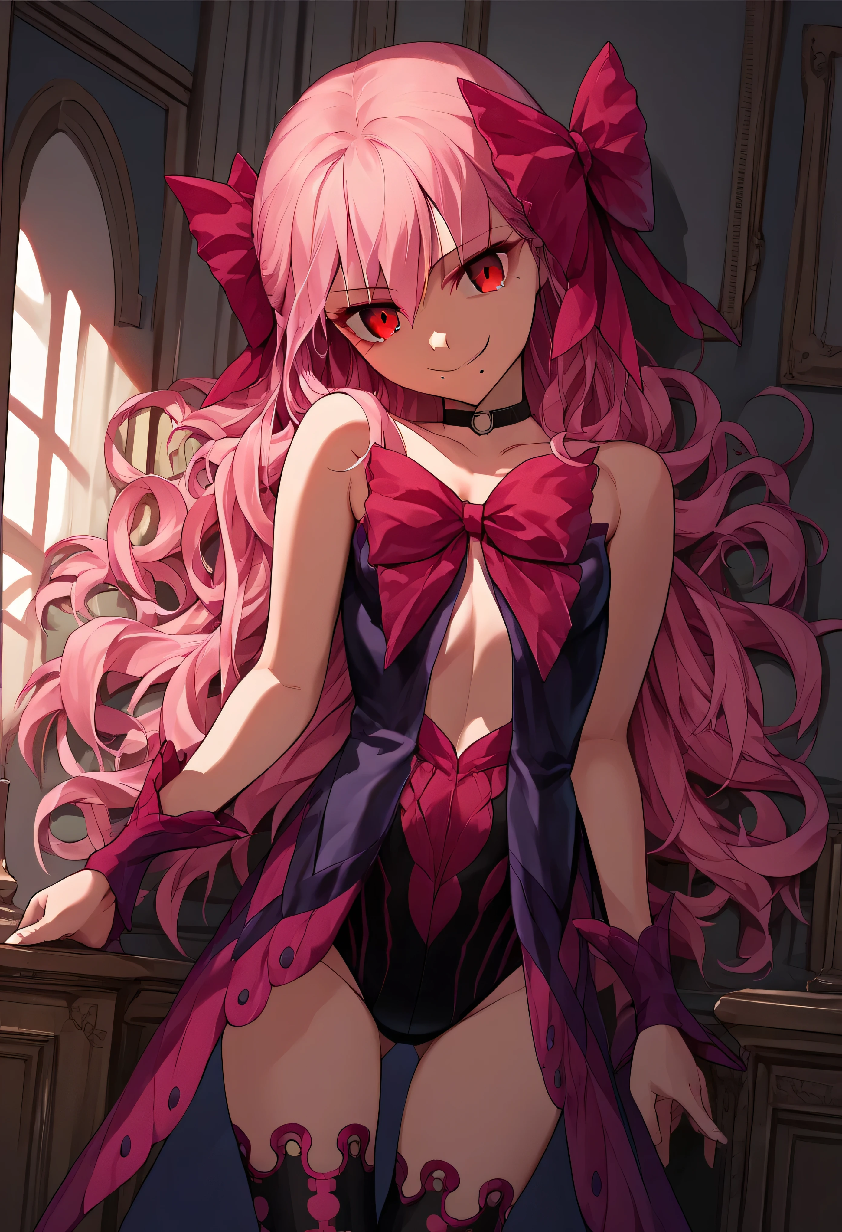 1girl, really long hair, pink hair, red eyes, mole under mouth, hair bow, choker, ribbon, leotard, center opening, bare shoulders, black thighhighs, wrist cuffs, laying, standing, cowboy shot, indoors, gothic, bedroom,  score_9, score_8_up, score_7_up, score_6_up, score_5_up, score_4_up, BREAK source_anime, masterpiece,,very evil smile,best quality,looking down at viewer
