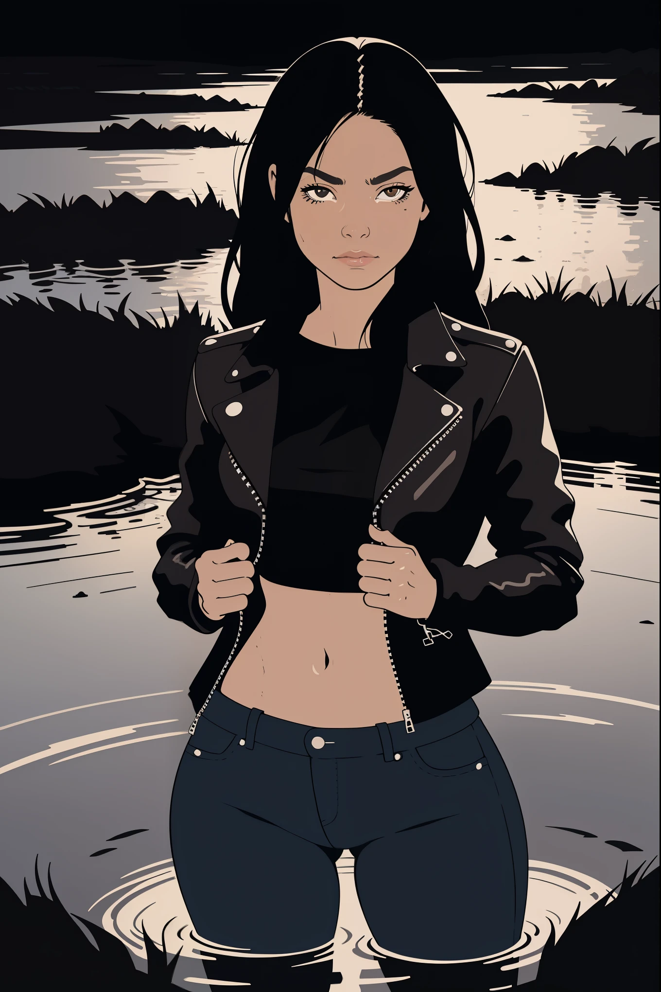 Cheyenne woman , high contrast, minimalistic, simple vector picture, leather jacket, tight jeans, drowning in tiny bog, close-up, artistic composition