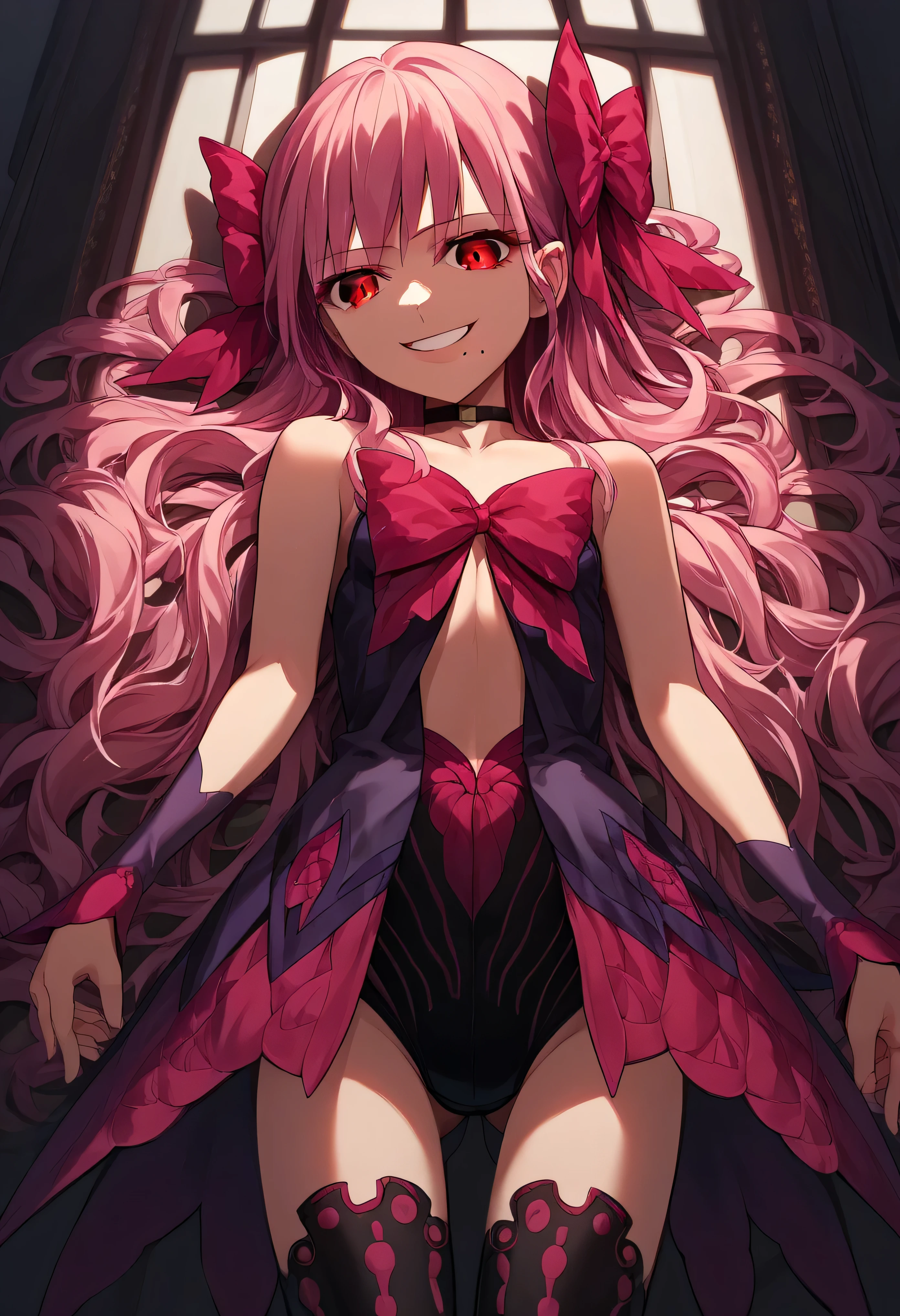 1girl, really long hair, pink hair, red eyes, mole under mouth, hair bow, choker, ribbon, leotard, center opening, bare shoulders, black thighhighs, wrist cuffs, laying, standing, cowboy shot, indoors, gothic, bedroom, score_9, score_8_up, score_7_up, score_6_up, score_5_up, score_4_up, BREAK source_anime, masterpiece,,very evil smile,best quality,looking down at viewer