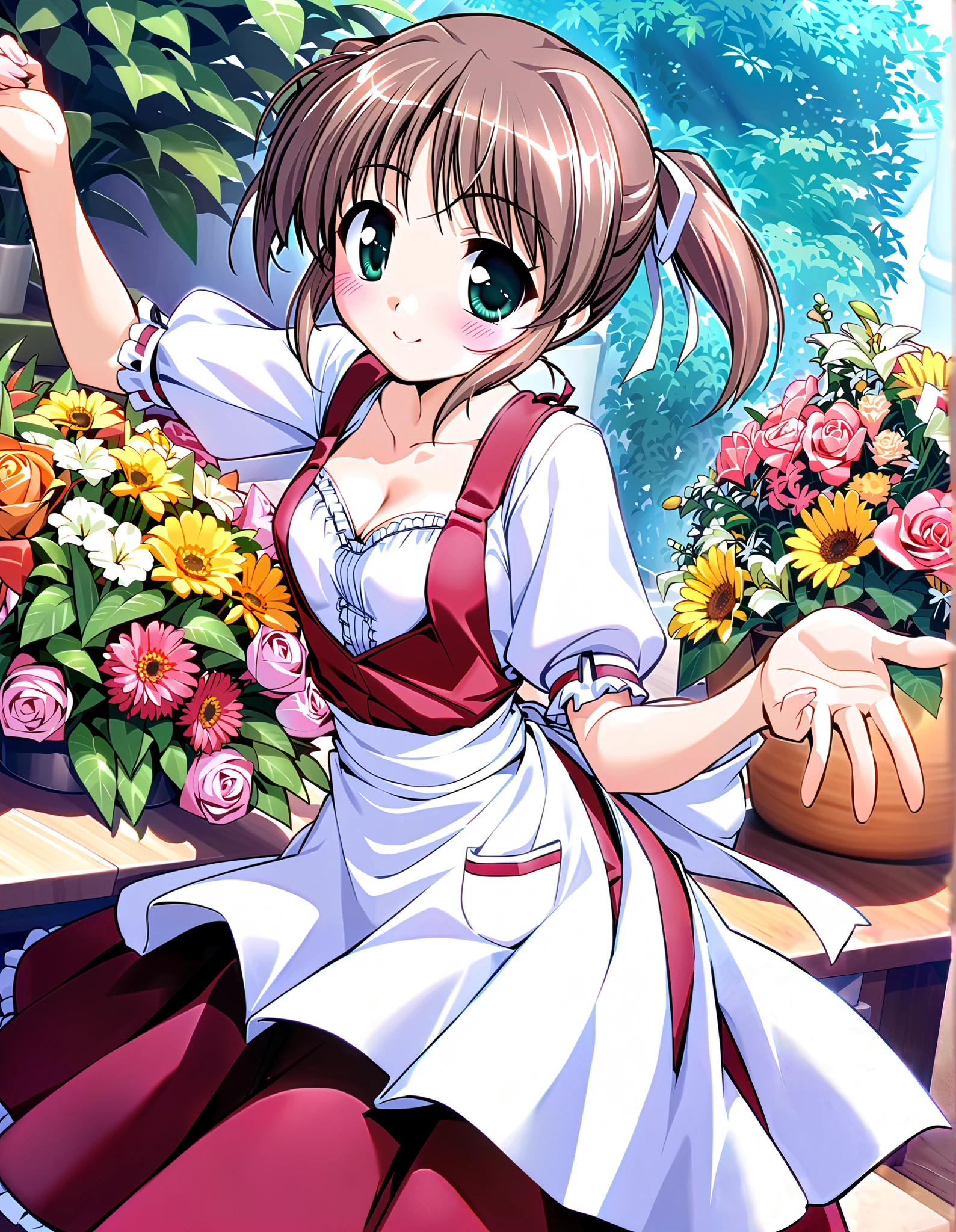 Asagiri Mai, Alone, (cowboy shot),  brown hair ,  short hair,  hair ribbon, twintails,  green eyes,  small breasts, (Florist Apron and Dress), ( cute pose), (Red cheeks:1.2), cleavage, (bright smile:1.2), (Florist),  score_9,  score_8_superior,  score_7_superior,  source_anime, (best quality:1.2), 細部までこだわったanime,  high quality , full color, 8k,  high resolution