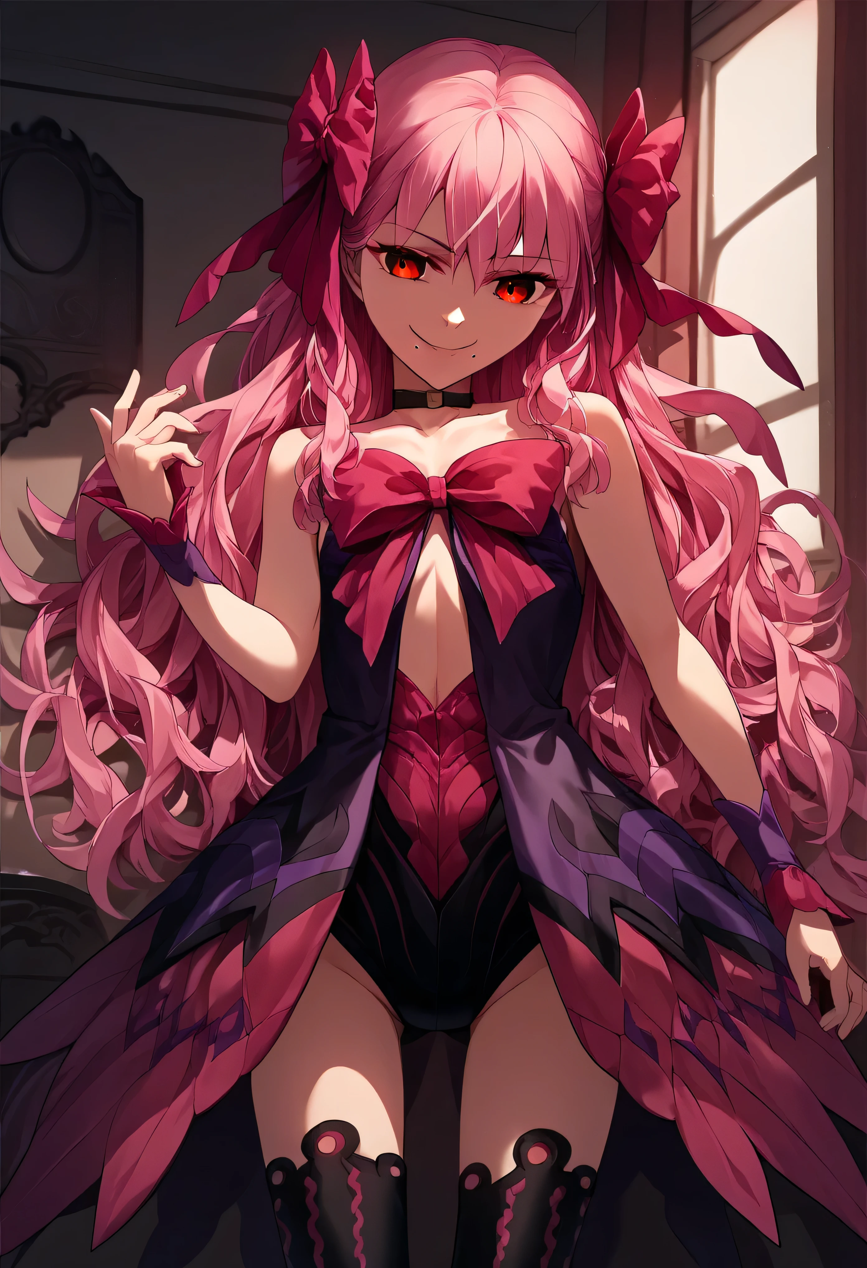 1girl, really long hair, pink hair, red eyes, mole under mouth, hair bow, choker, ribbon, leotard, center opening, bare shoulders, black thighhighs, wrist cuffs, laying, standing, cowboy shot, indoors, gothic, bedroom, score_9, score_8_up, score_7_up, score_6_up, score_5_up, score_4_up, BREAK source_anime, masterpiece,,very evil smile,best quality,looking down at viewer