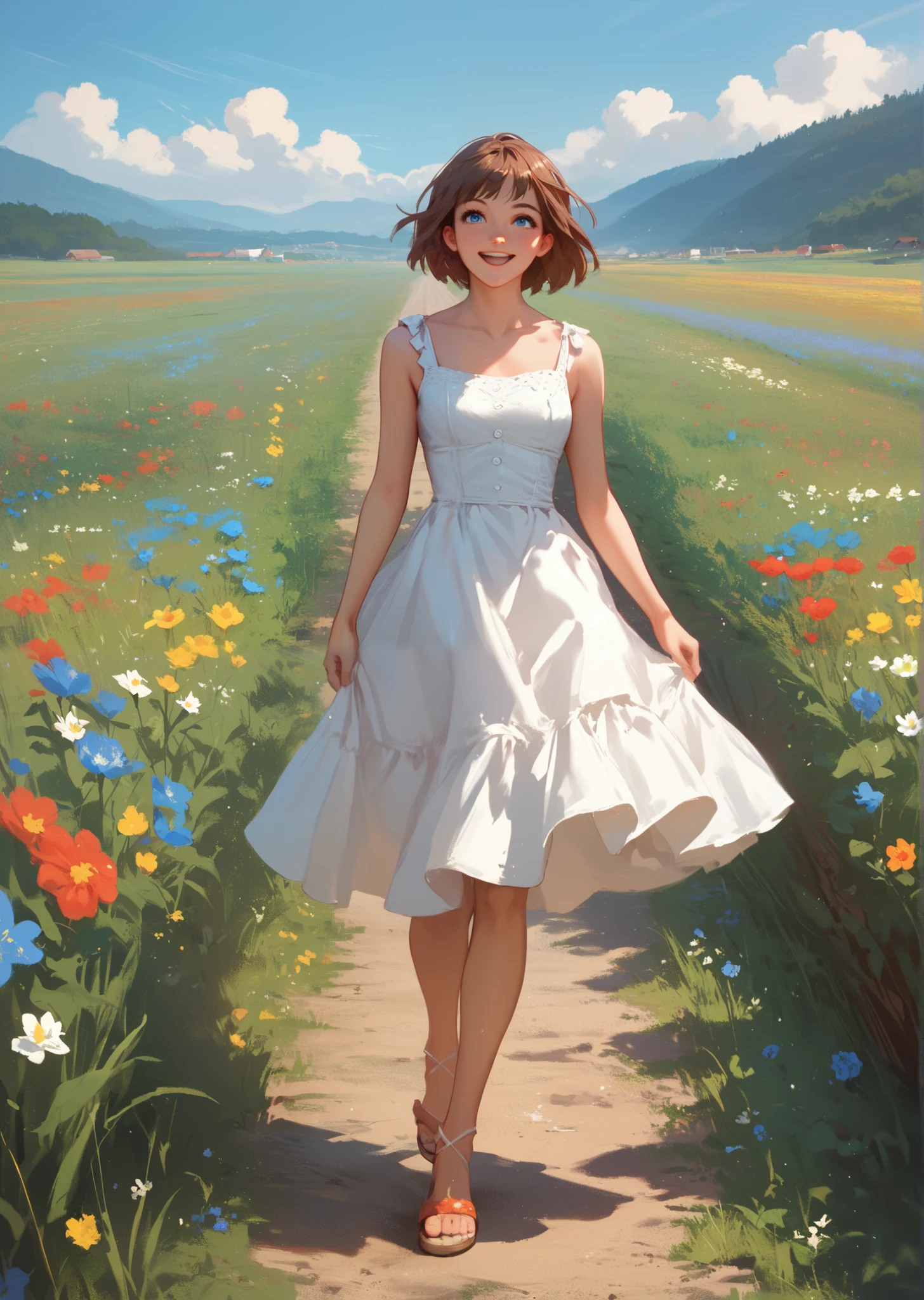 score_9, score_8_up, score_7_up, score_6_up, source_anime, 1girl, solo, s4ya, brown hair, bob cut, blue eyes, white sundress, sandals, field, bloom, flowers, walking, happy