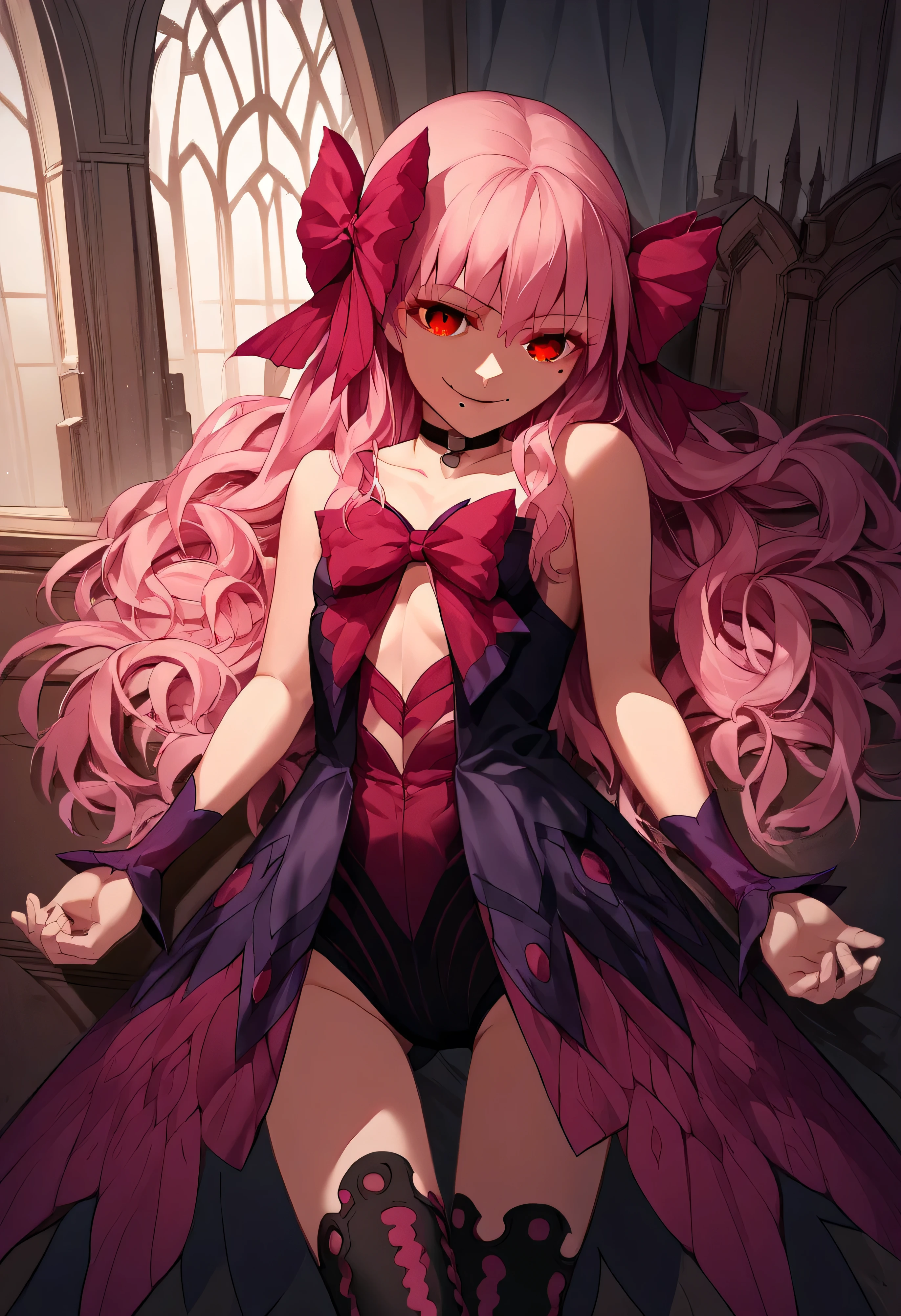 1girl, really long hair, pink hair, red eyes, mole under mouth, hair bow, choker, ribbon, leotard, center opening, bare shoulders, black thighhighs, wrist cuffs, laying, standing, cowboy shot, indoors, gothic, bedroom, score_9, score_8_up, score_7_up, score_6_up, score_5_up, score_4_up, BREAK source_anime, masterpiece,,very evil smile,best quality,looking down at viewer