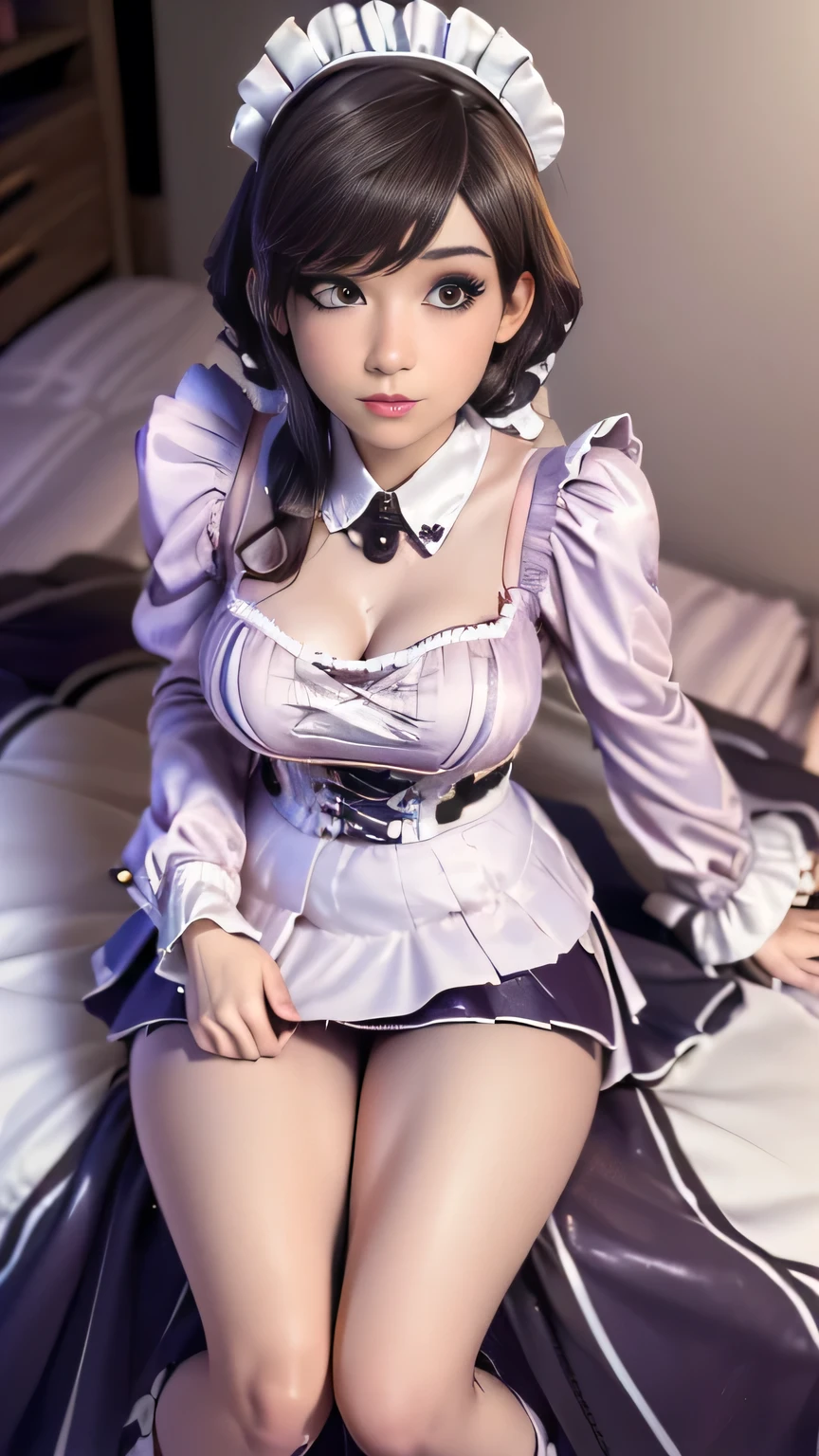 (Highest quality、In 8K、masterpiece、Delicate illustrations)、Browsing Caution、She is a very beautiful Japanese housewife..(About 30 years old)、Bun hairstyle(With hair accessory)、Very plump body(Big Breasts)、(Purple Gothic Lolita Dress)、Sit on the sofa、