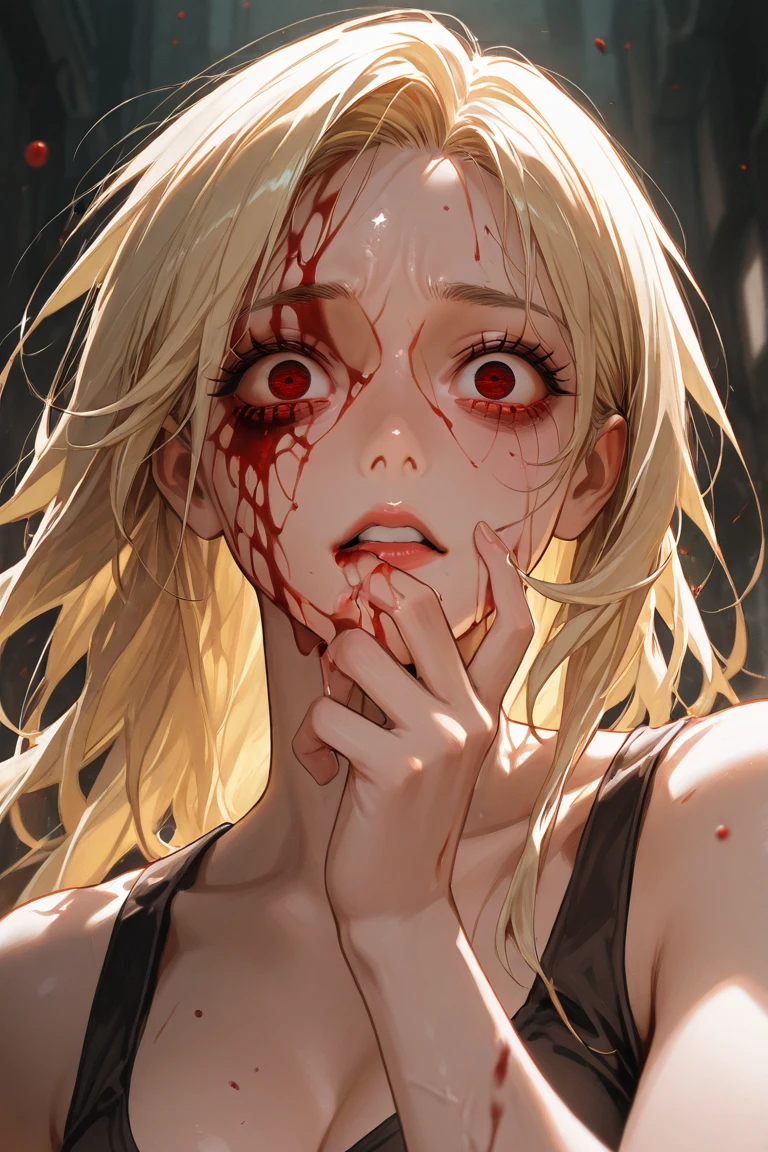 masterpiece, Highest quality, View from above, One girl, ((naked)), ((pale_skin)), (((Straddle a man))、((In a sensual pose crawling on the floor))、((A body covered in filth))、Sharp teeth, Horror, Messy Hair, look up, Makeup running down,, Horror, Devilish Laugh, spooky, Broken black piemas, , Kneel on the floor, Wooden chamber, (血まみれの奇妙なspookyサイン, Wounded), ((Blood splattered on the floor)), darkness, Cruelty, Low Light, Ultra-detailed, expensive_resolution