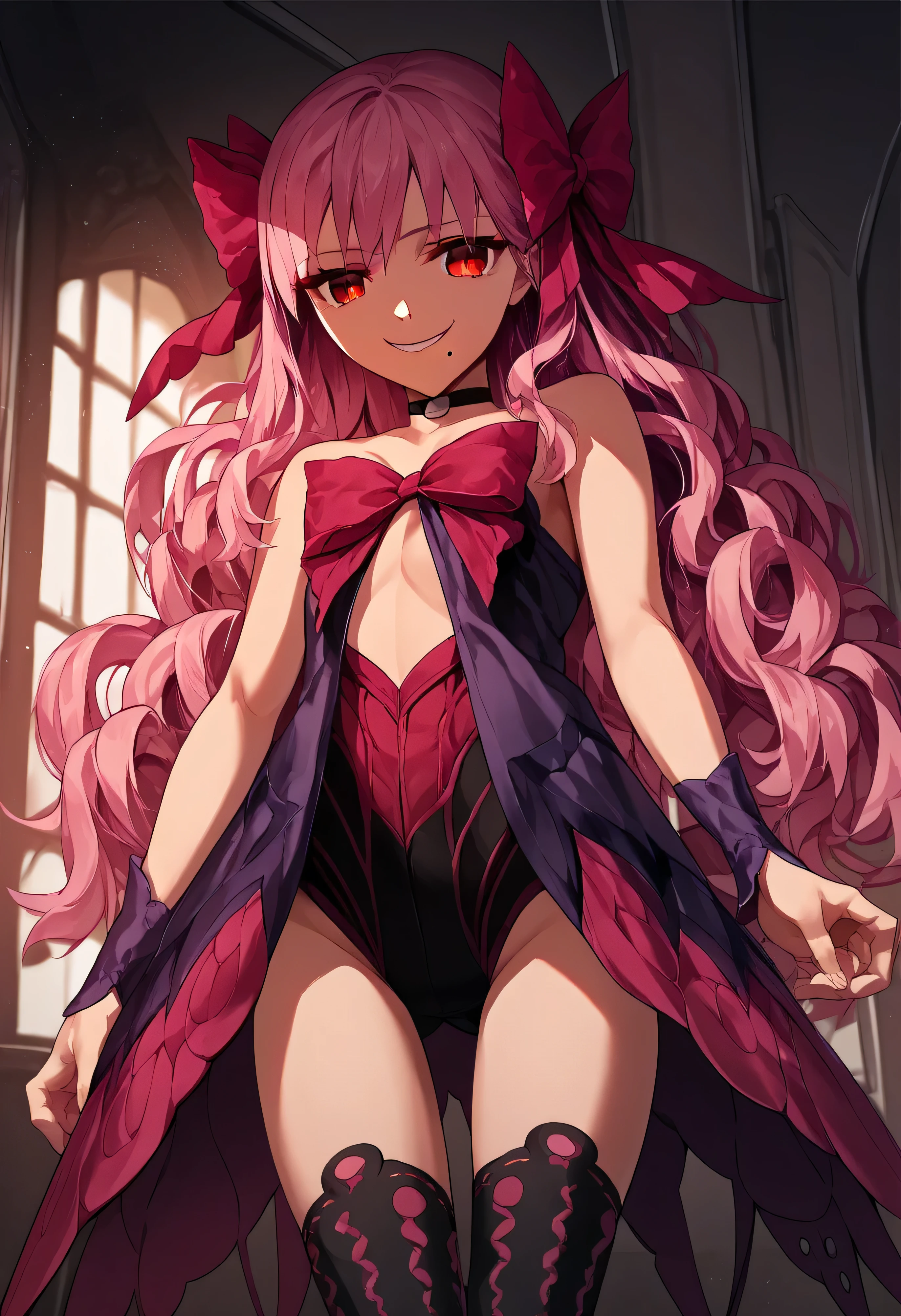 1girl, really long hair, pink hair, red eyes, mole under mouth, hair bow, choker, ribbon, leotard, center opening, bare shoulders, black thighhighs, wrist cuffs, laying, standing, cowboy shot, indoors, gothic, bedroom, score_9, score_8_up, score_7_up, score_6_up, score_5_up, score_4_up, BREAK source_anime, masterpiece,,very evil smile,best quality,looking down at viewer